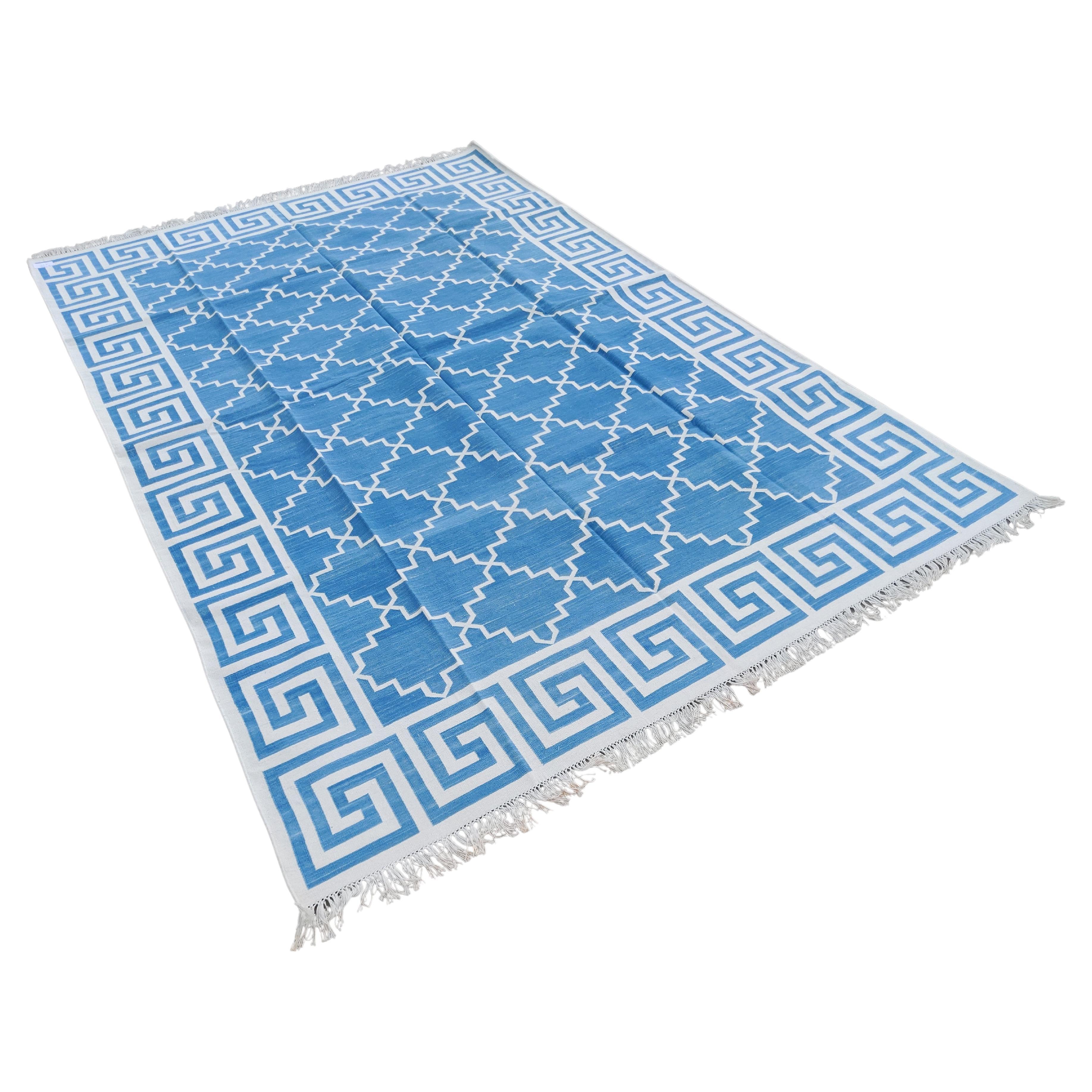 Handmade Cotton Area Flat Weave Rug, 6x9 Blue And White Geometric Indian Dhurrie