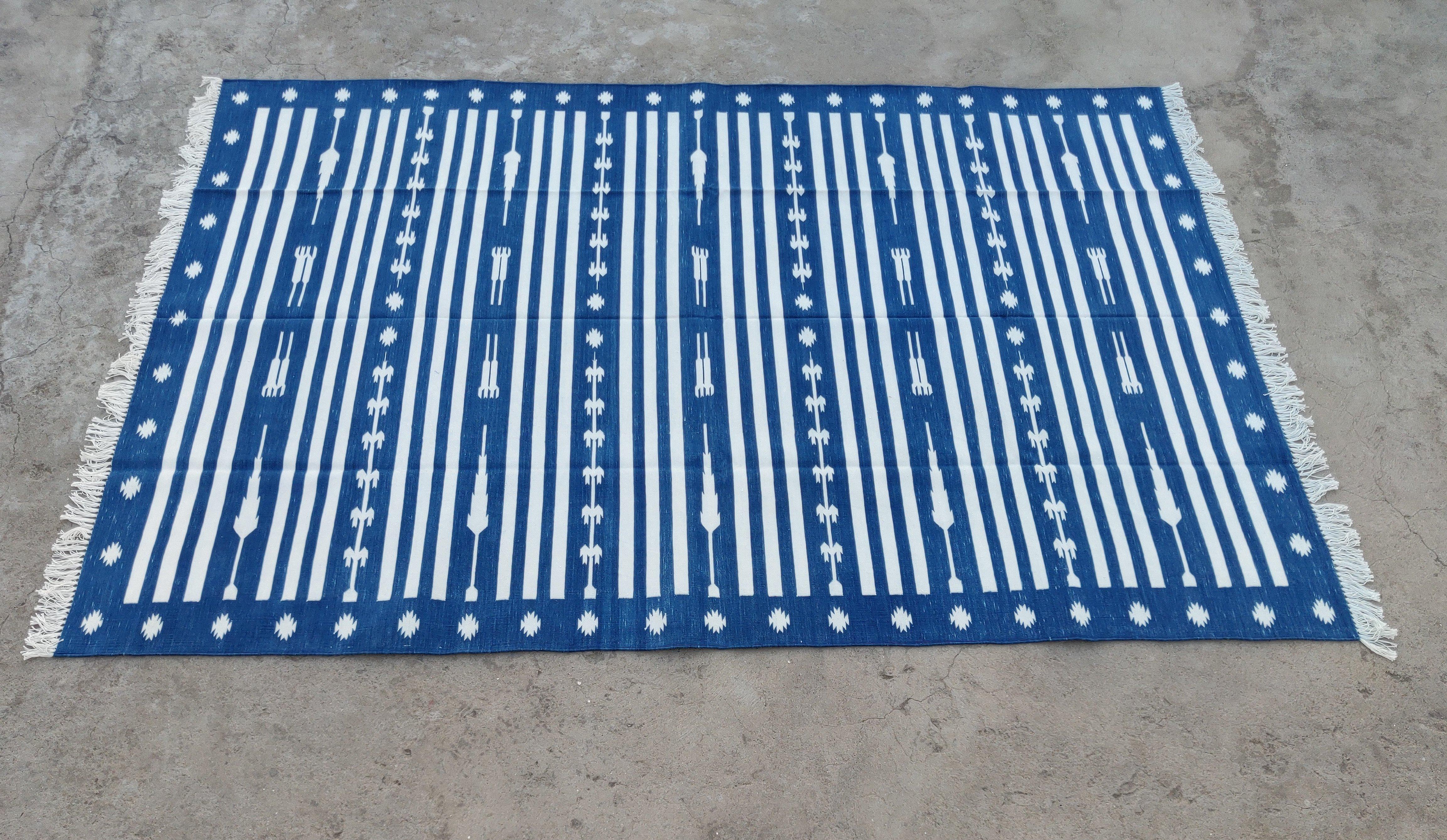 Handmade Cotton Area Flat Weave Rug, 6x9 Blue And White Striped Indian Dhurrie For Sale 4