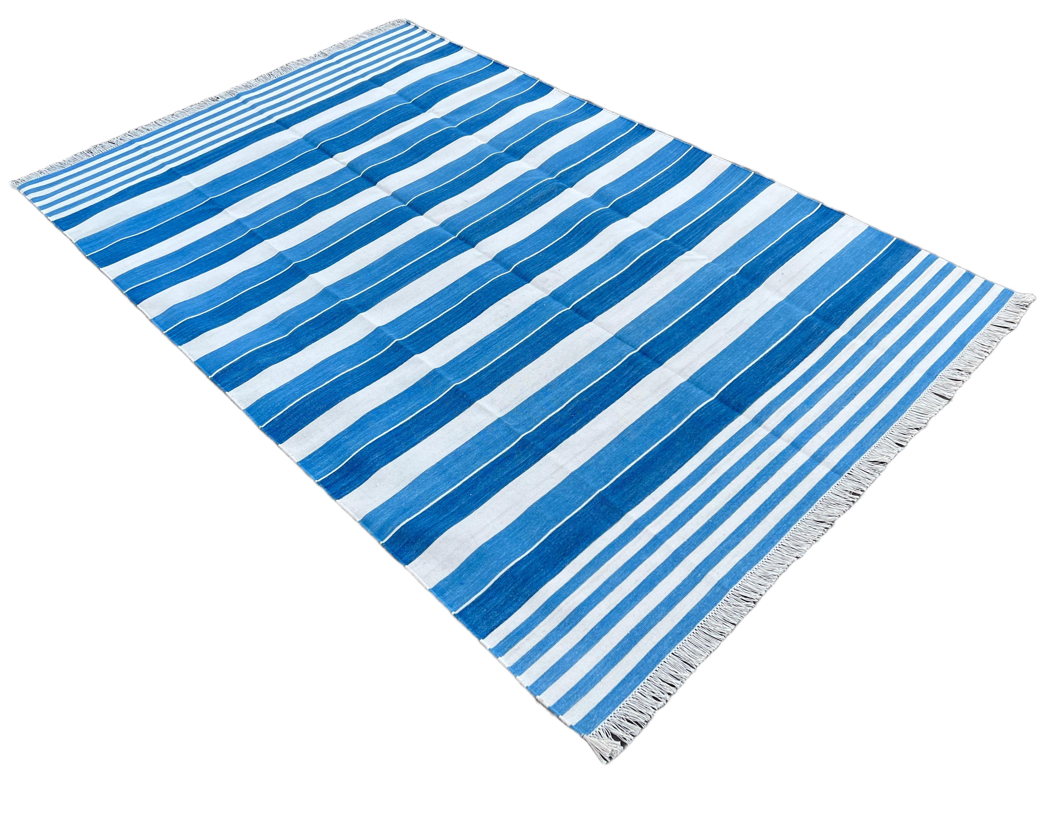 Handmade Cotton Area Flat Weave Rug, 6x9 Blue And White Striped Indian Dhurrie For Sale 4