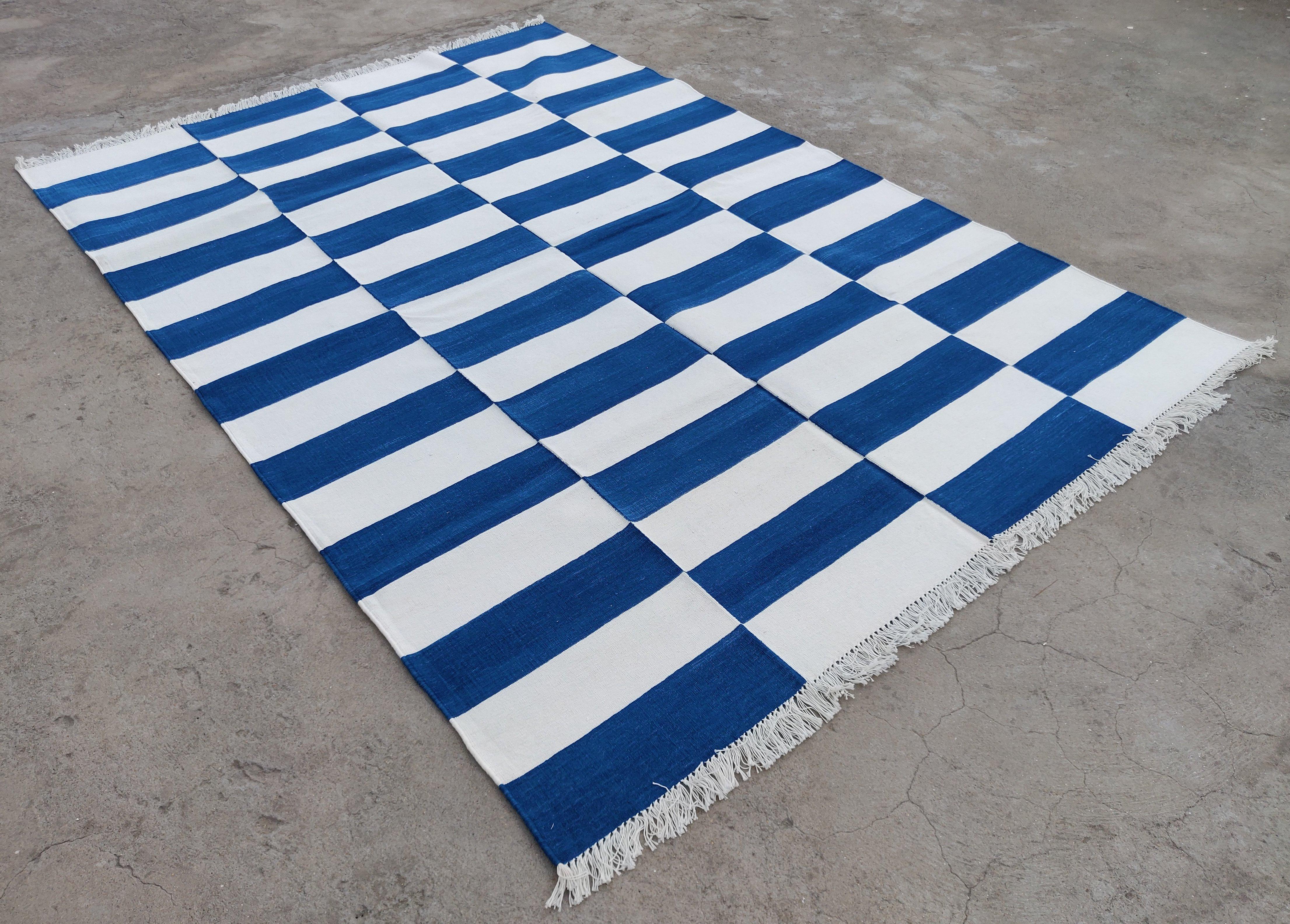 Cotton Vegetable Dyed Indigo Blue and White Up Down Striped Indian Dhurrie Rug-6'x9' 

These special flat-weave dhurries are hand-woven with 15 ply 100% cotton yarn. Due to the special manufacturing techniques used to create our rugs, the size and