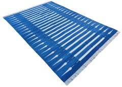 Tappeto a tessitura piatta in cotone fatto a mano, 6x9 a righe bianche e blu, indiano Dhurrie