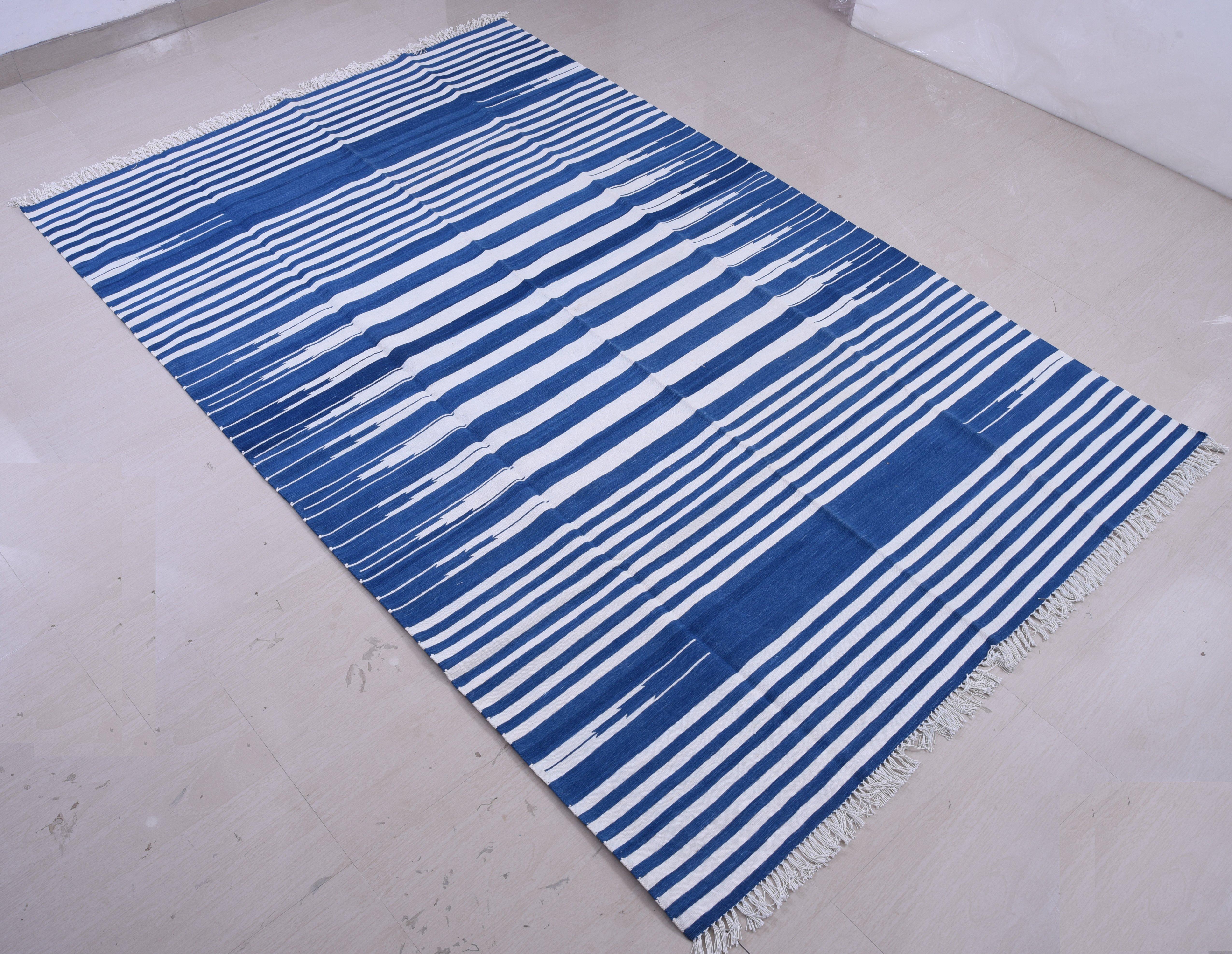 Cotton Vegetable Dyed Indigo Blue and White Striped Indian Dhurrie Rug-72