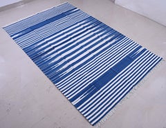 Handmade Cotton Area Flat Weave Rug, 6x9 Blue And White Striped Indian Dhurrie