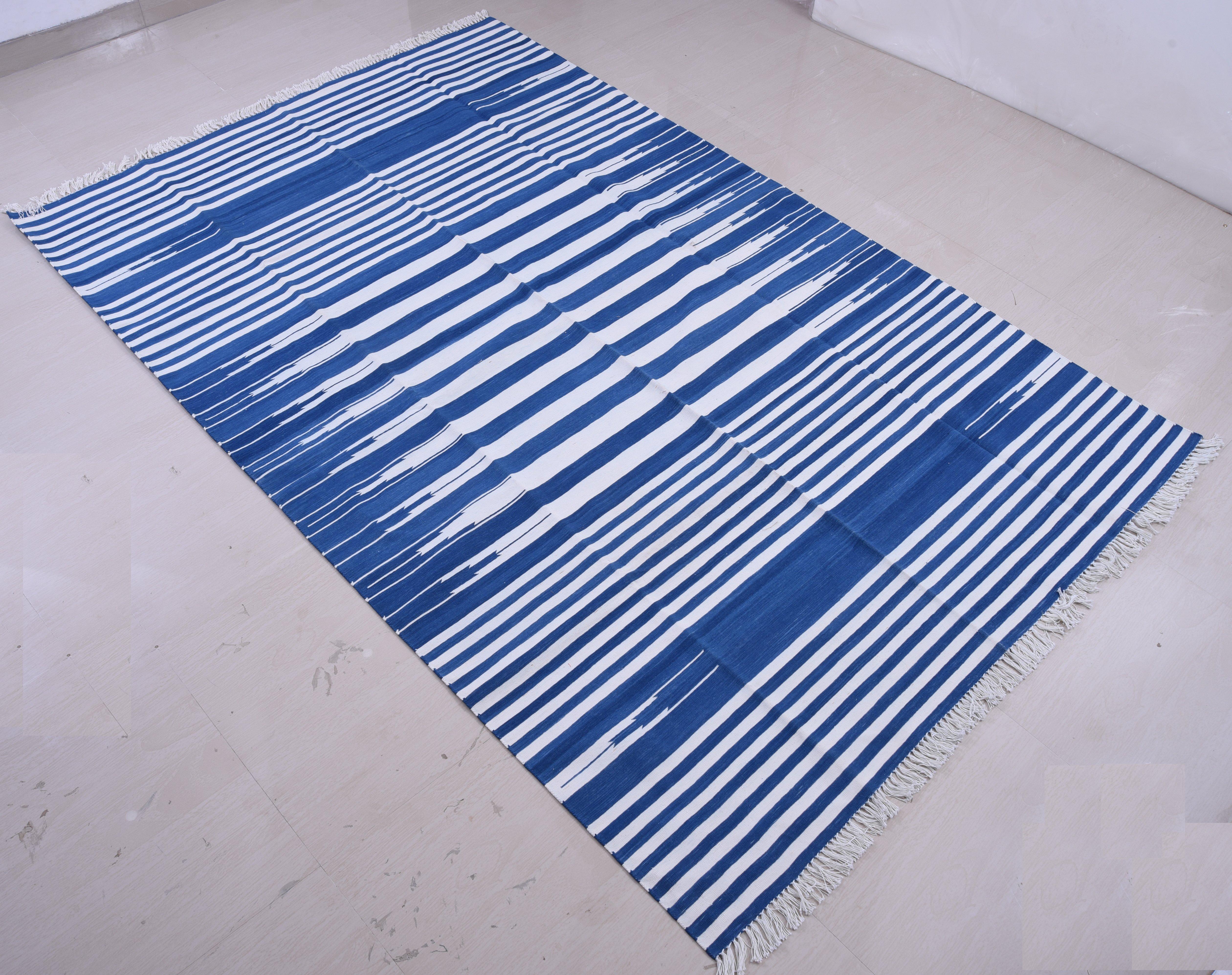Cotton Vegetable Dyed Indigo Blue and White Striped Indian Dhurrie Rug-72