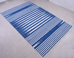 Handmade Cotton Area Flat Weave Rug, 6x9 Blue And White Striped Indian Dhurrie