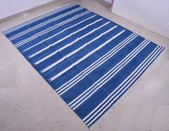 Handmade Cotton Area Flat Weave Rug, 6x9 Blue And White Striped Indian Dhurrie