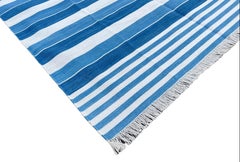 Handmade Cotton Area Flat Weave Rug, 6x9 Blue And White Striped Indian Dhurrie