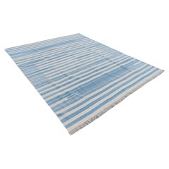 Handmade Cotton Area Flat Weave Rug, 6x9 Blue And White Striped Indian Dhurrie