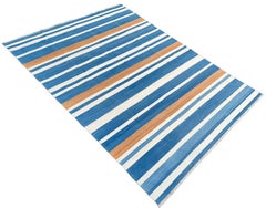Handmade Cotton Area Flat Weave Rug, 6x9 Blue And White Striped Indian Dhurrie