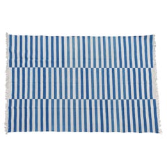 Handmade Cotton Area Flat Weave Rug, 6x9 Blue And White Striped Indian Dhurrie