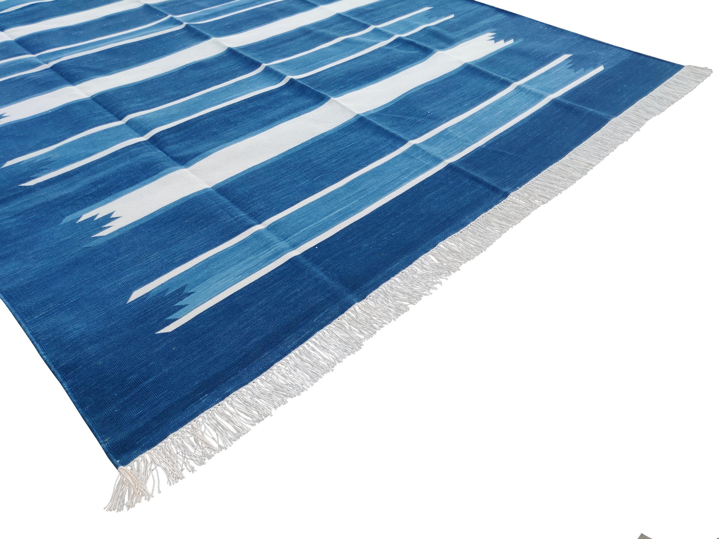 Mid-Century Modern Handmade Cotton Area Flat Weave Rug, 6x9 Blue And White Striped Indian Dhurrie For Sale