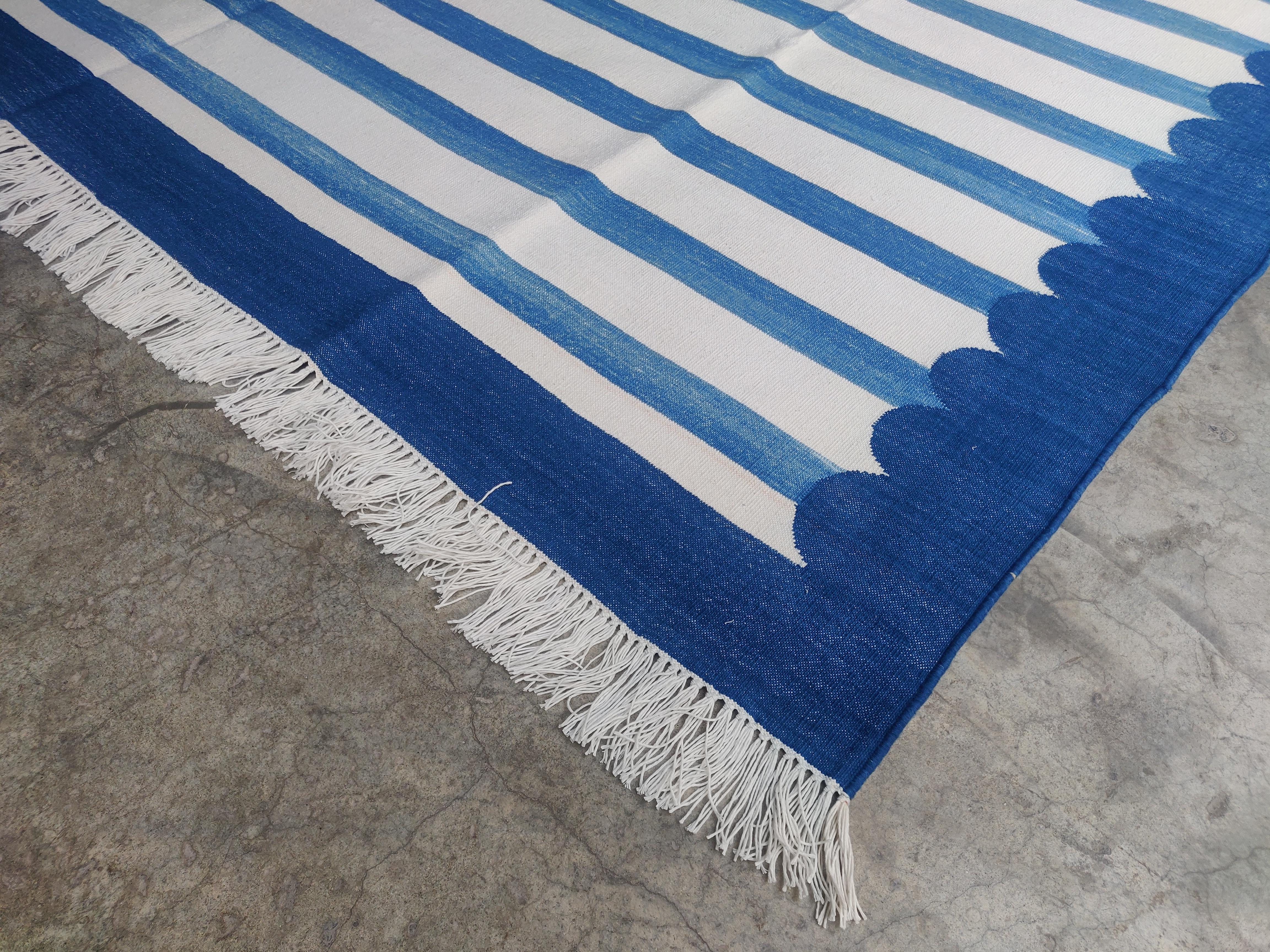 Mid-Century Modern Handmade Cotton Area Flat Weave Rug, 6x9 Blue And White Striped Indian Dhurrie For Sale