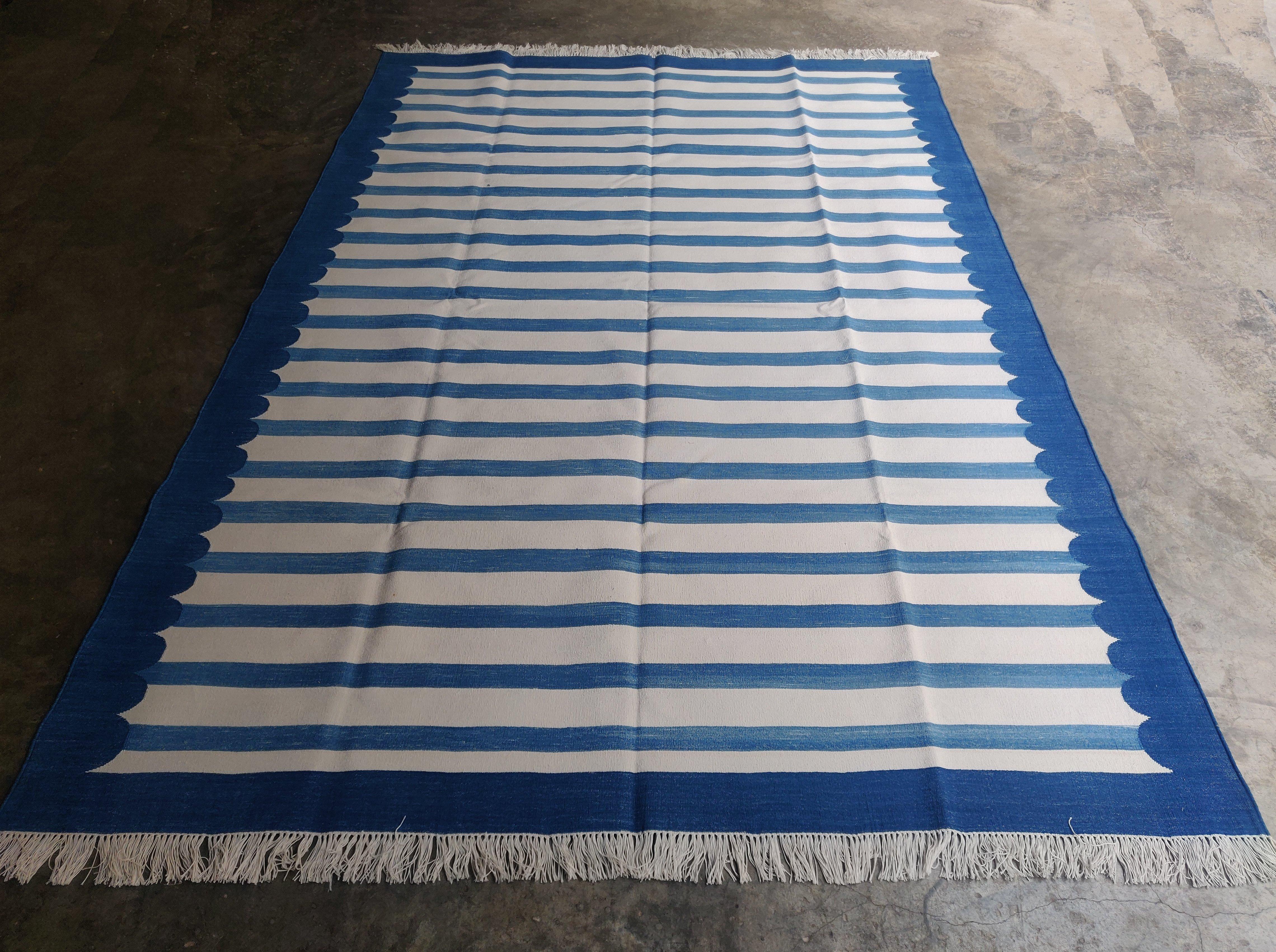 Hand-Woven Handmade Cotton Area Flat Weave Rug, 6x9 Blue And White Striped Indian Dhurrie For Sale