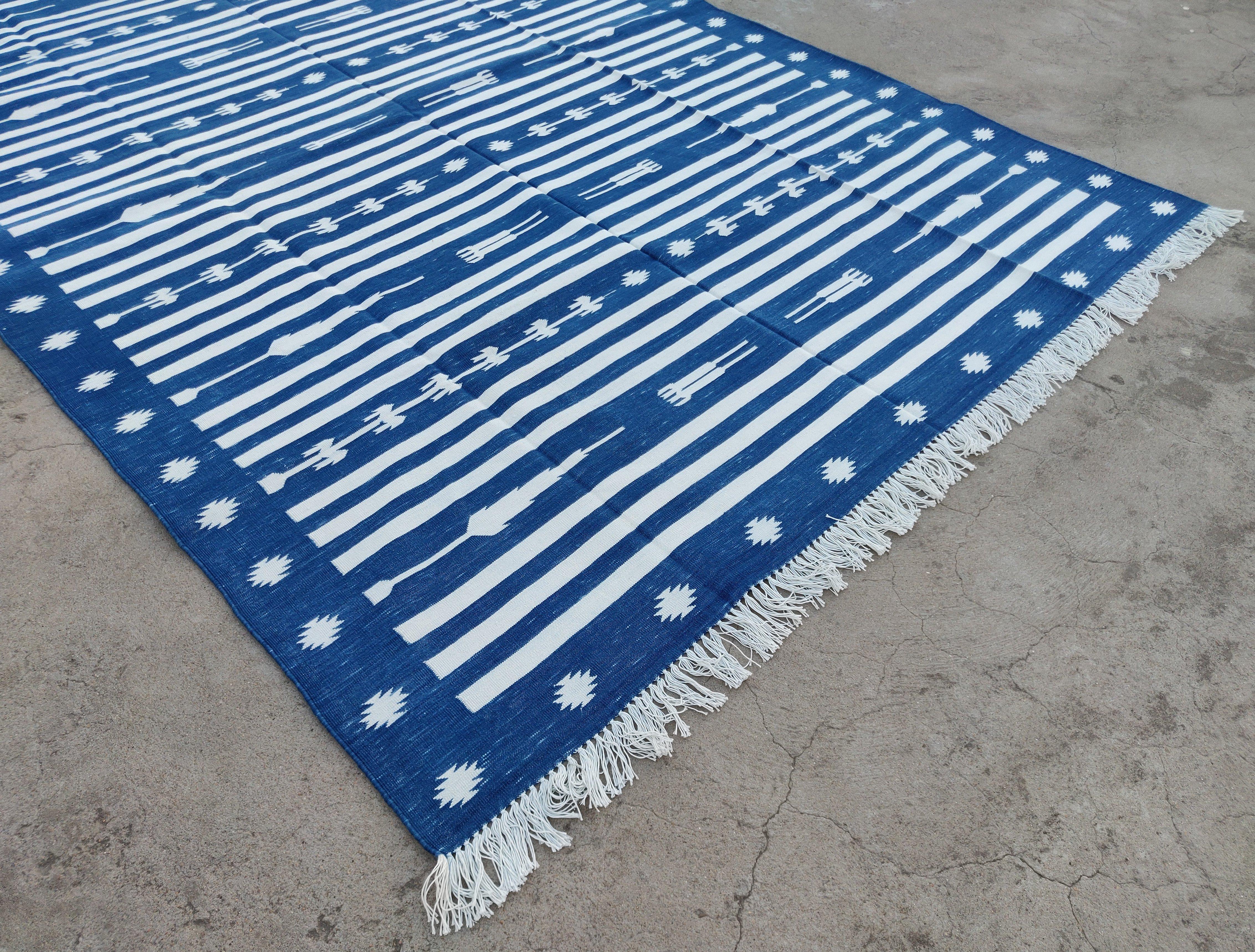 Hand-Woven Handmade Cotton Area Flat Weave Rug, 6x9 Blue And White Striped Indian Dhurrie For Sale