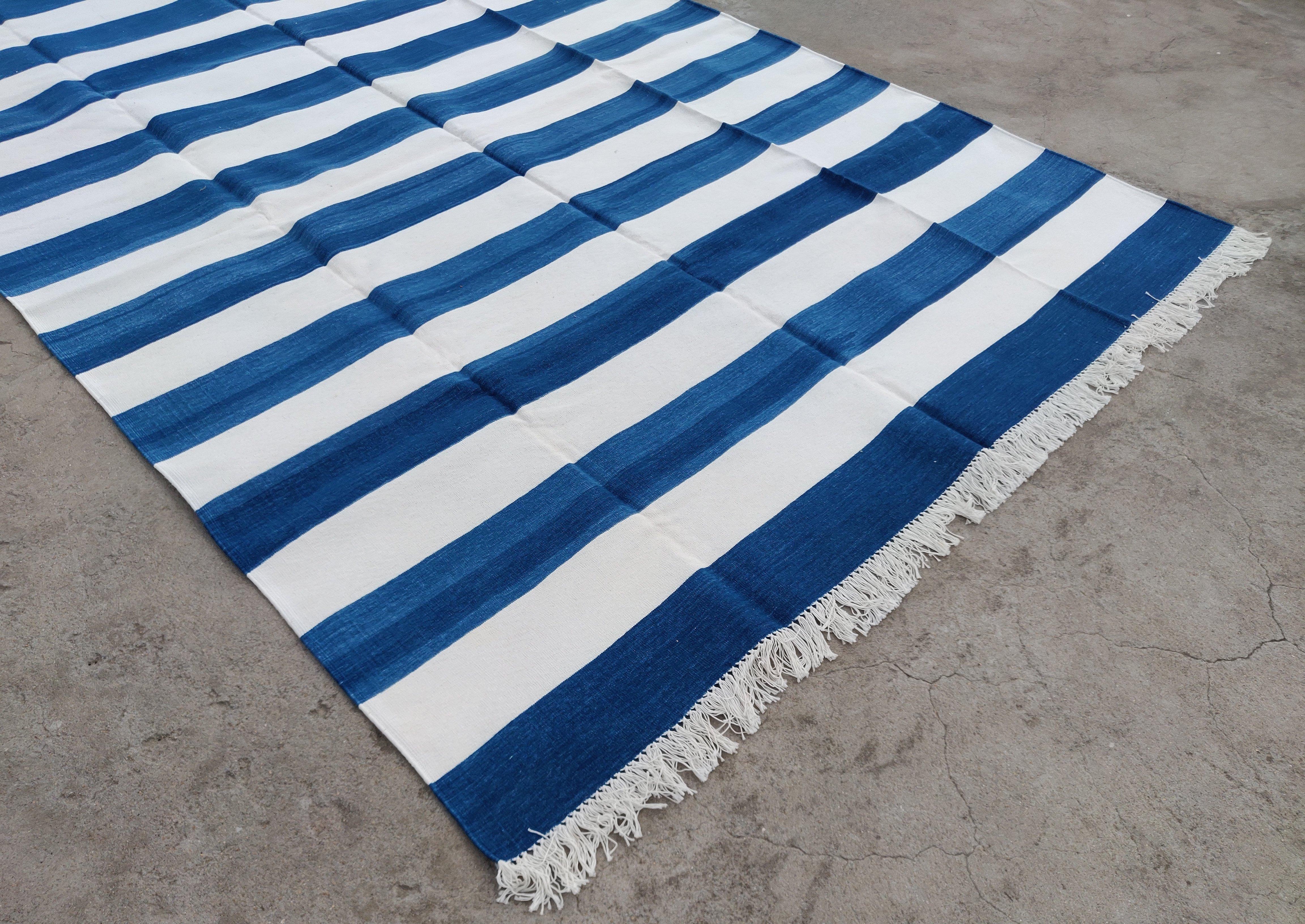 Hand-Woven Handmade Cotton Area Flat Weave Rug, 6x9 Blue And White Striped Indian Dhurrie For Sale