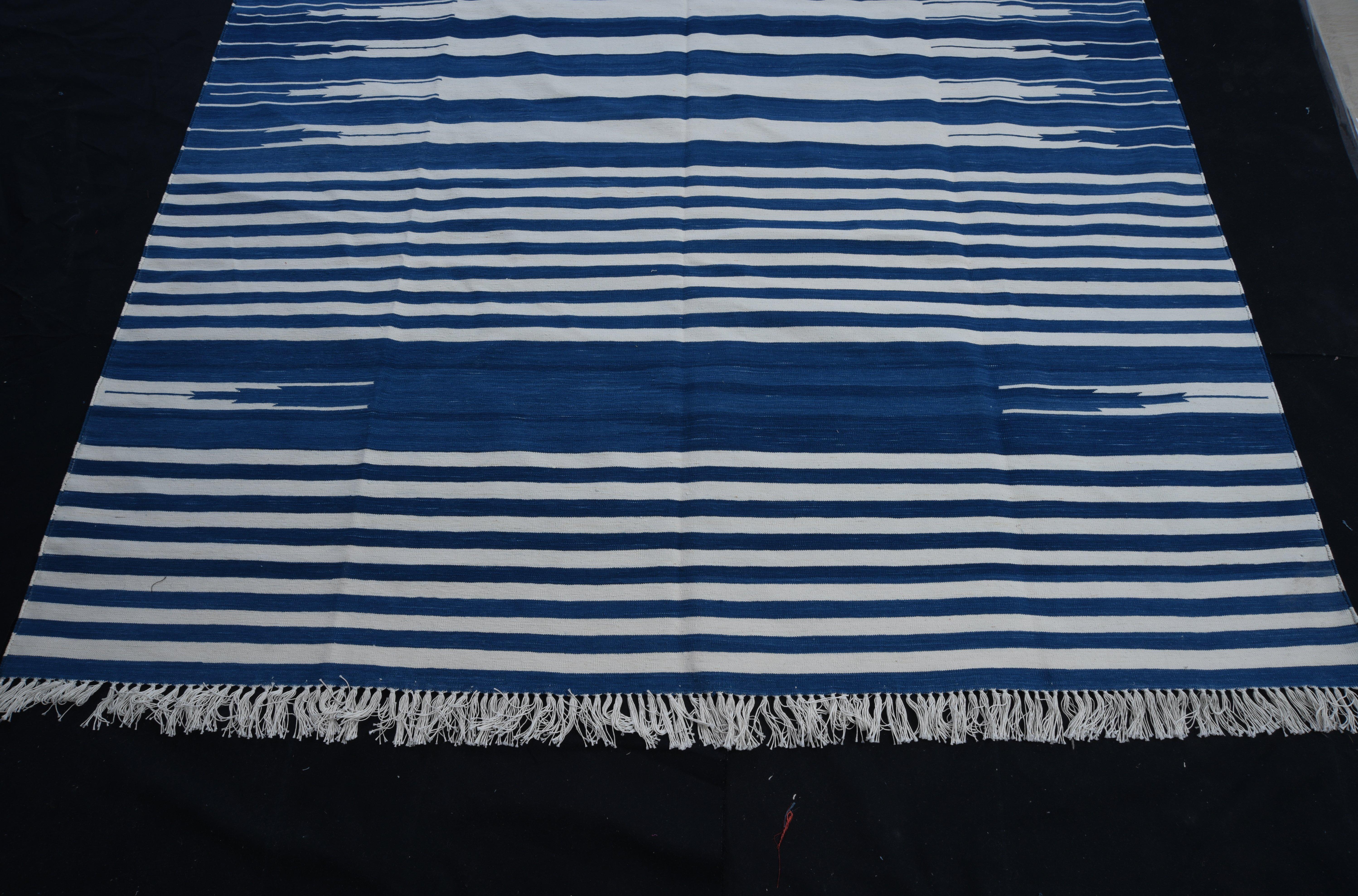 Hand-Woven Handmade Cotton Area Flat Weave Rug, 6x9 Blue And White Striped Indian Dhurrie For Sale