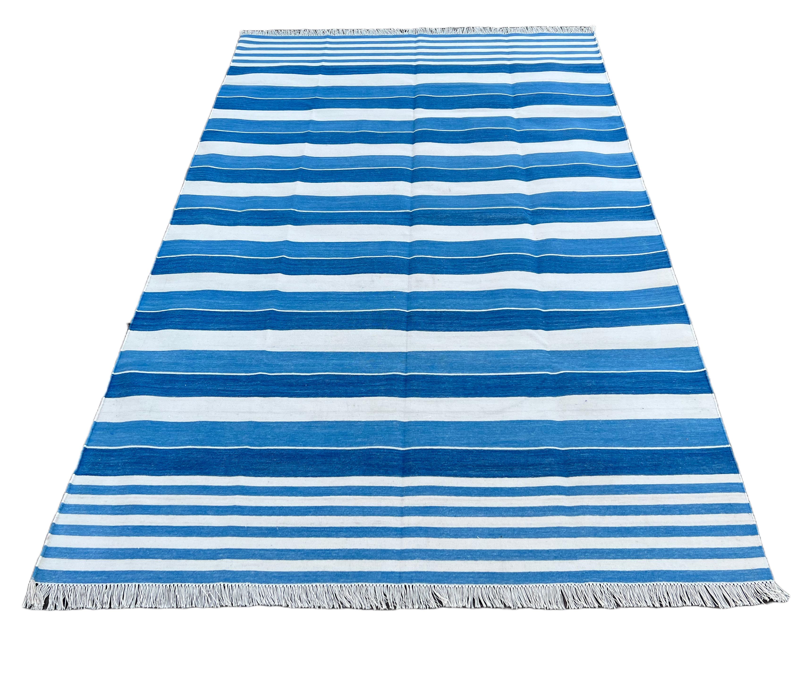 Hand-Woven Handmade Cotton Area Flat Weave Rug, 6x9 Blue And White Striped Indian Dhurrie For Sale