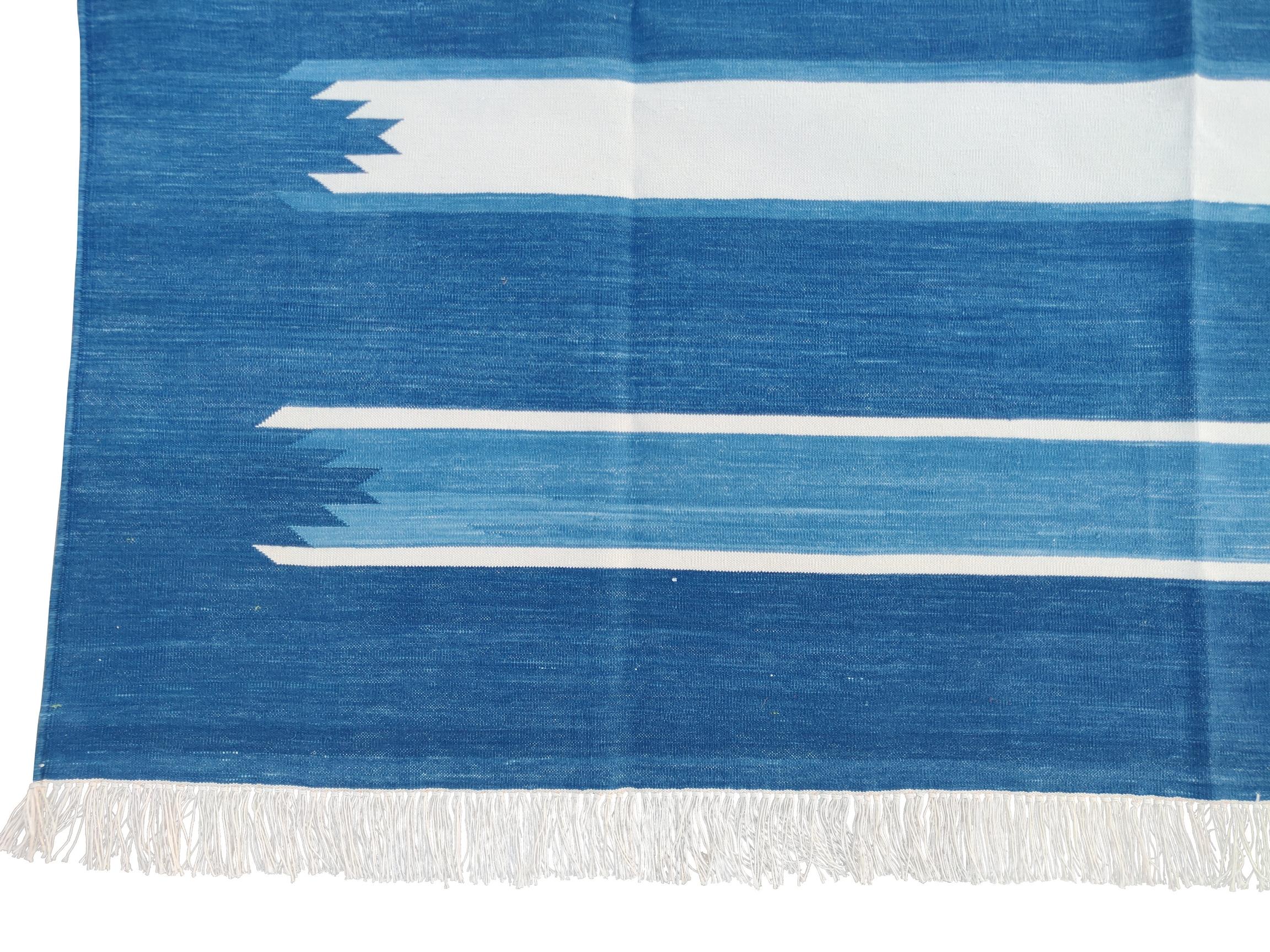 Contemporary Handmade Cotton Area Flat Weave Rug, 6x9 Blue And White Striped Indian Dhurrie For Sale