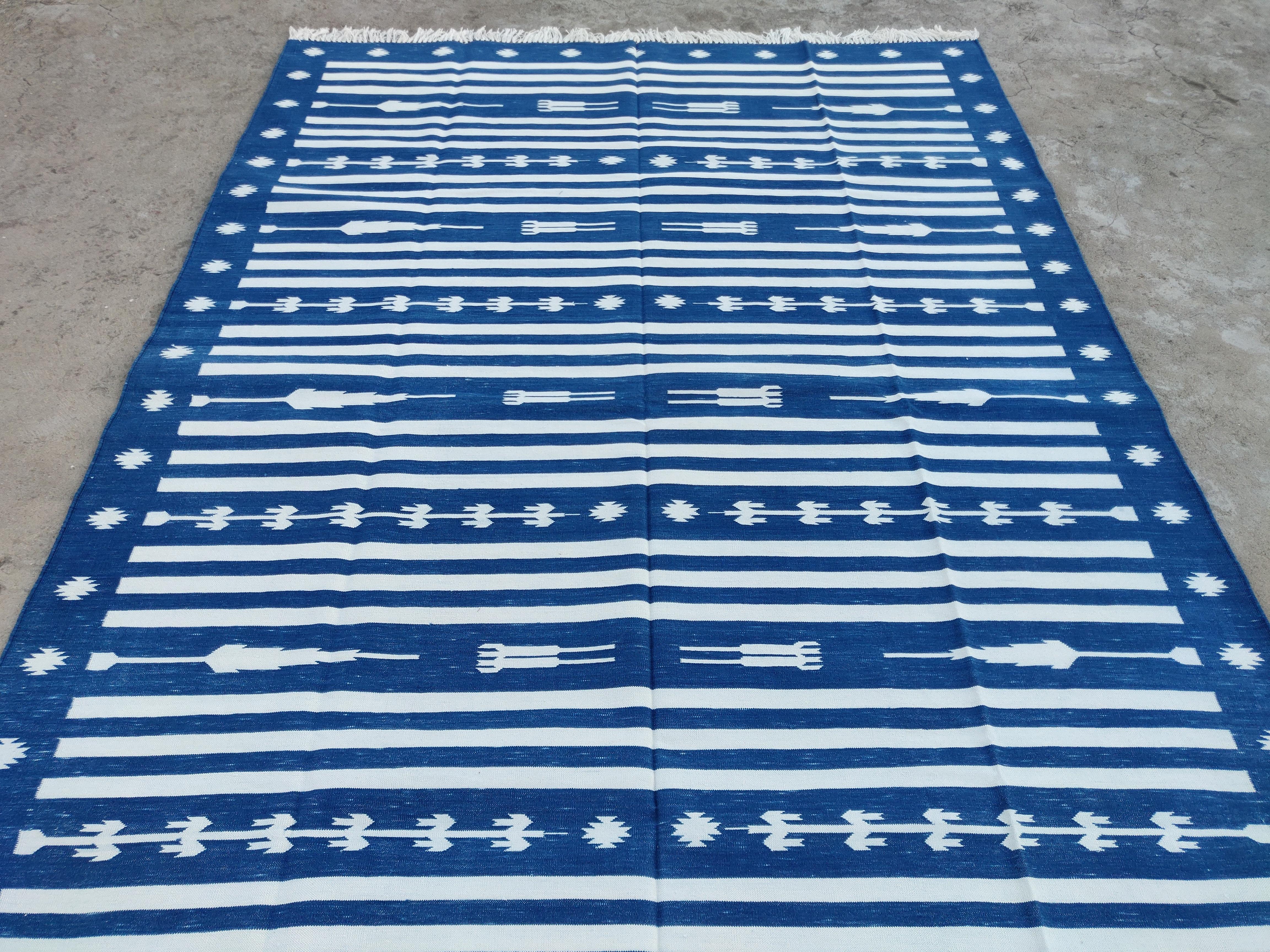 Contemporary Handmade Cotton Area Flat Weave Rug, 6x9 Blue And White Striped Indian Dhurrie For Sale