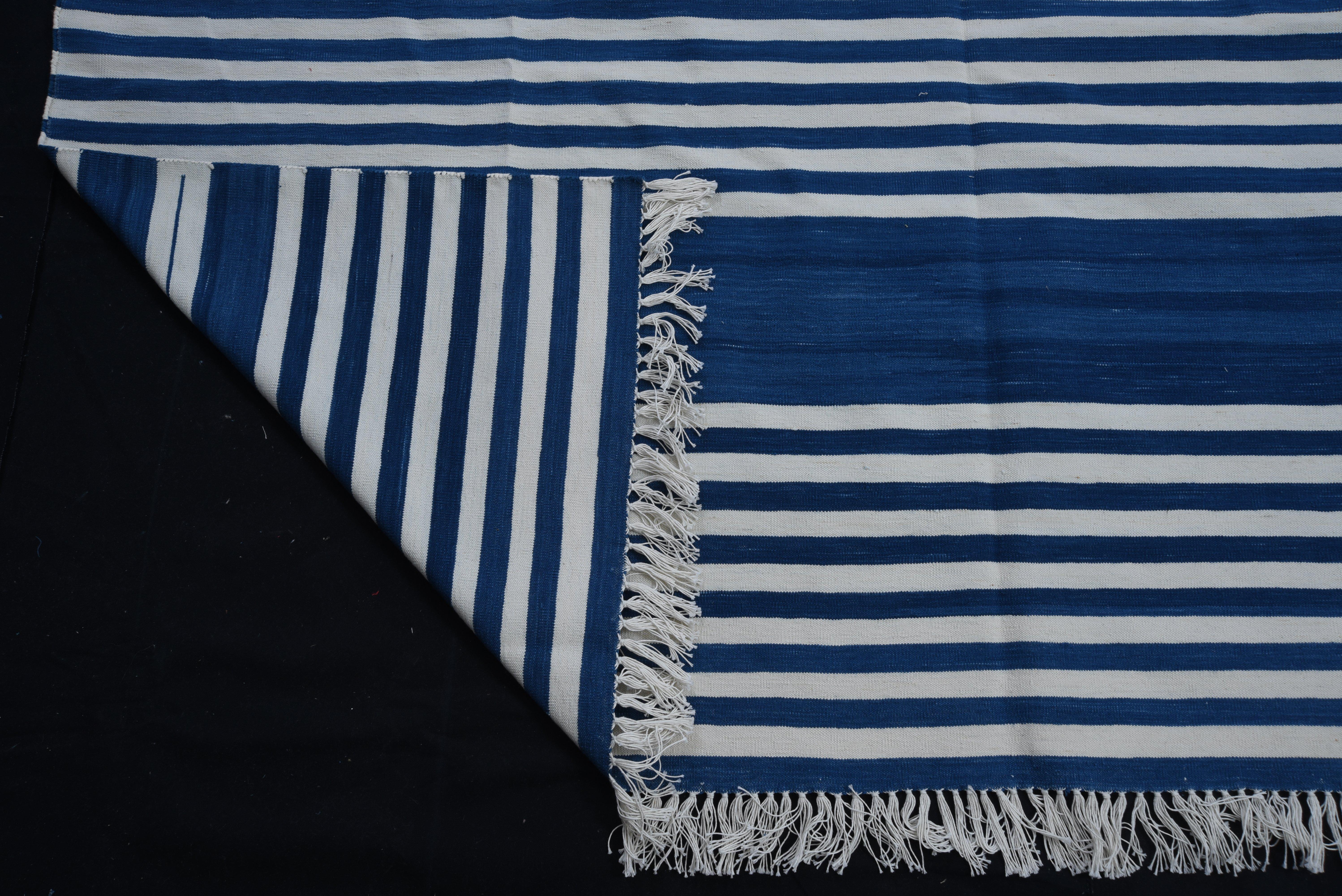 Contemporary Handmade Cotton Area Flat Weave Rug, 6x9 Blue And White Striped Indian Dhurrie For Sale