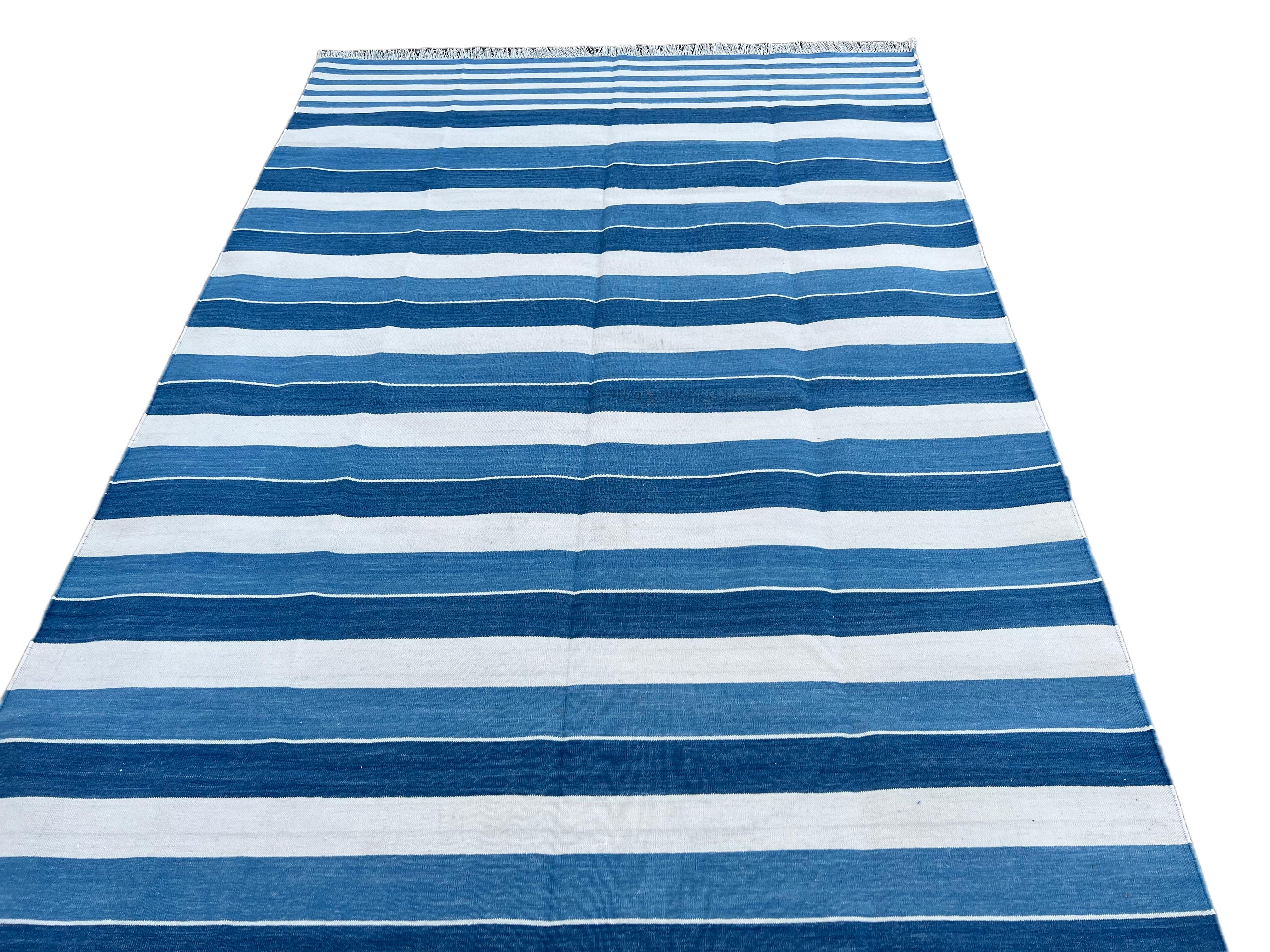 Contemporary Handmade Cotton Area Flat Weave Rug, 6x9 Blue And White Striped Indian Dhurrie For Sale