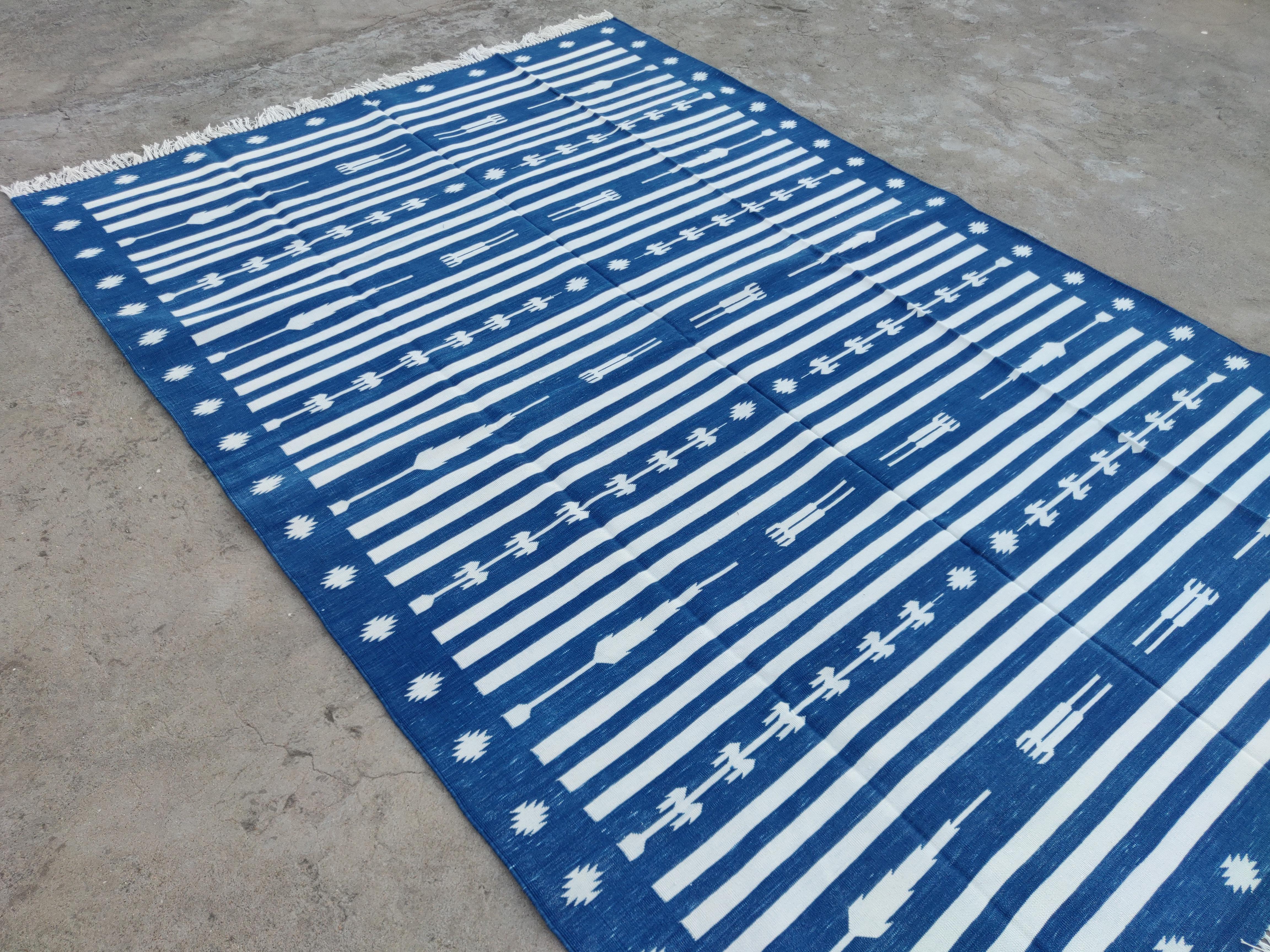 Handmade Cotton Area Flat Weave Rug, 6x9 Blue And White Striped Indian Dhurrie For Sale 1