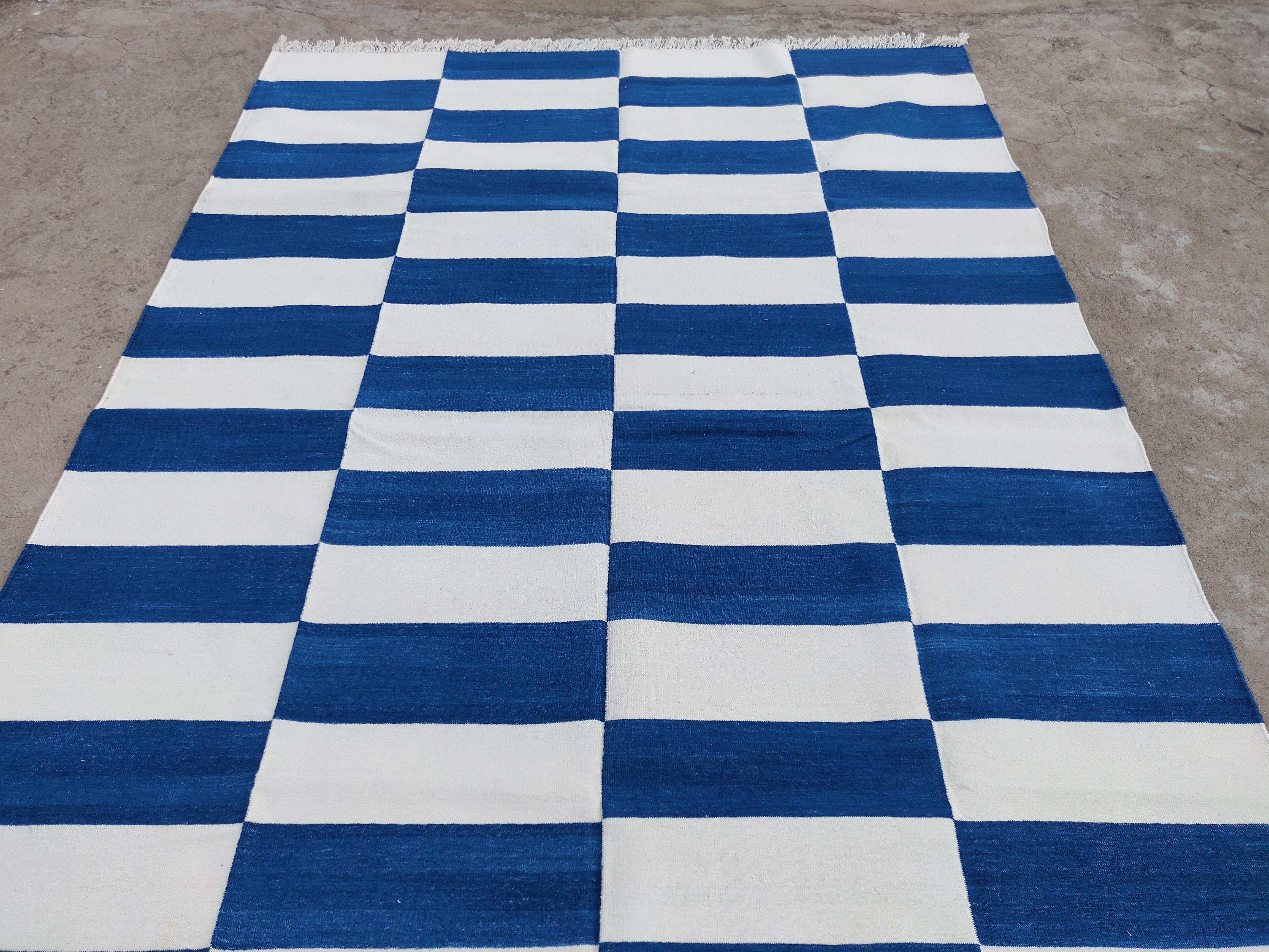 Handmade Cotton Area Flat Weave Rug, 6x9 Blue And White Striped Indian Dhurrie For Sale 1