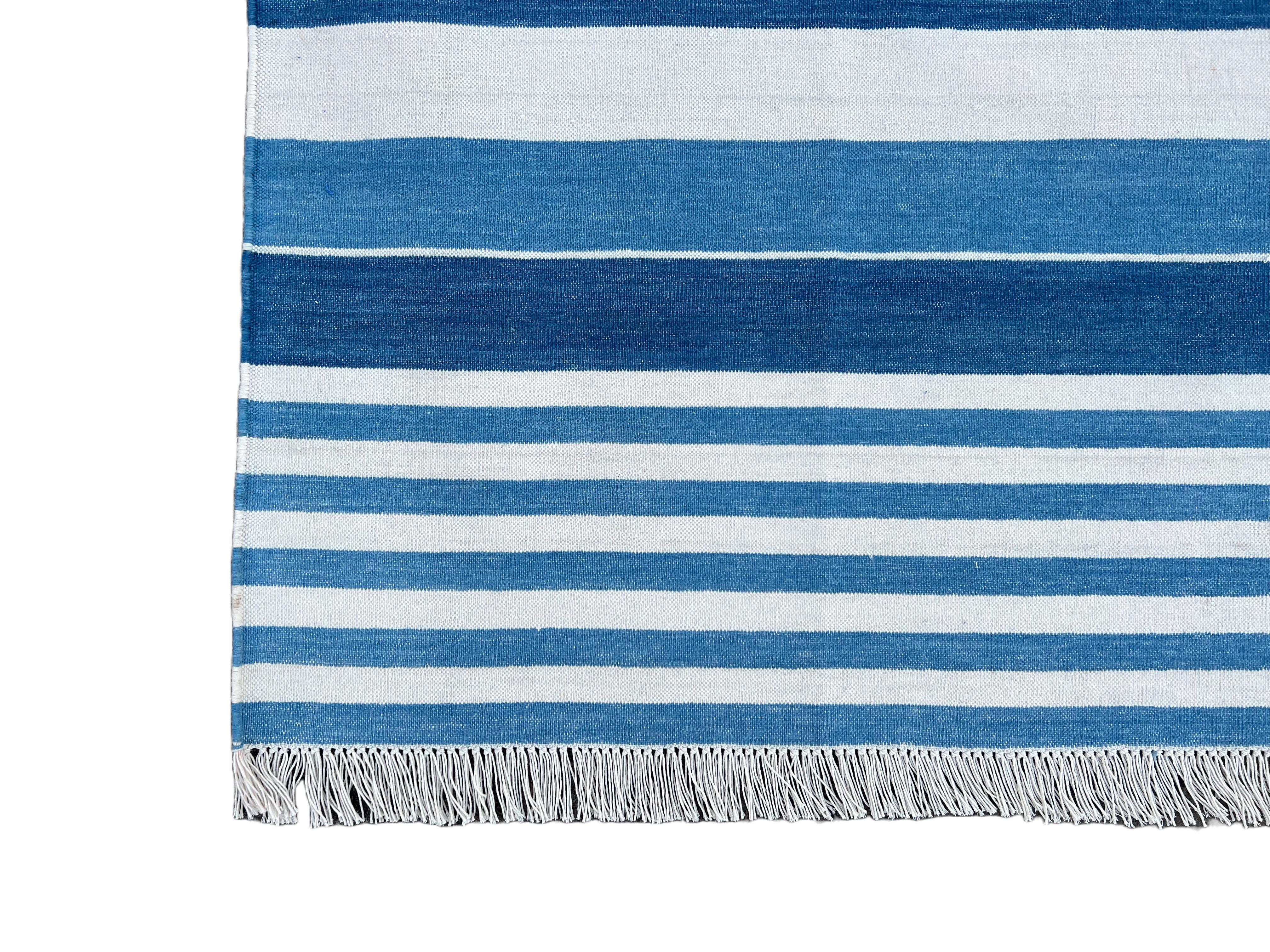 Handmade Cotton Area Flat Weave Rug, 6x9 Blue And White Striped Indian Dhurrie For Sale 1