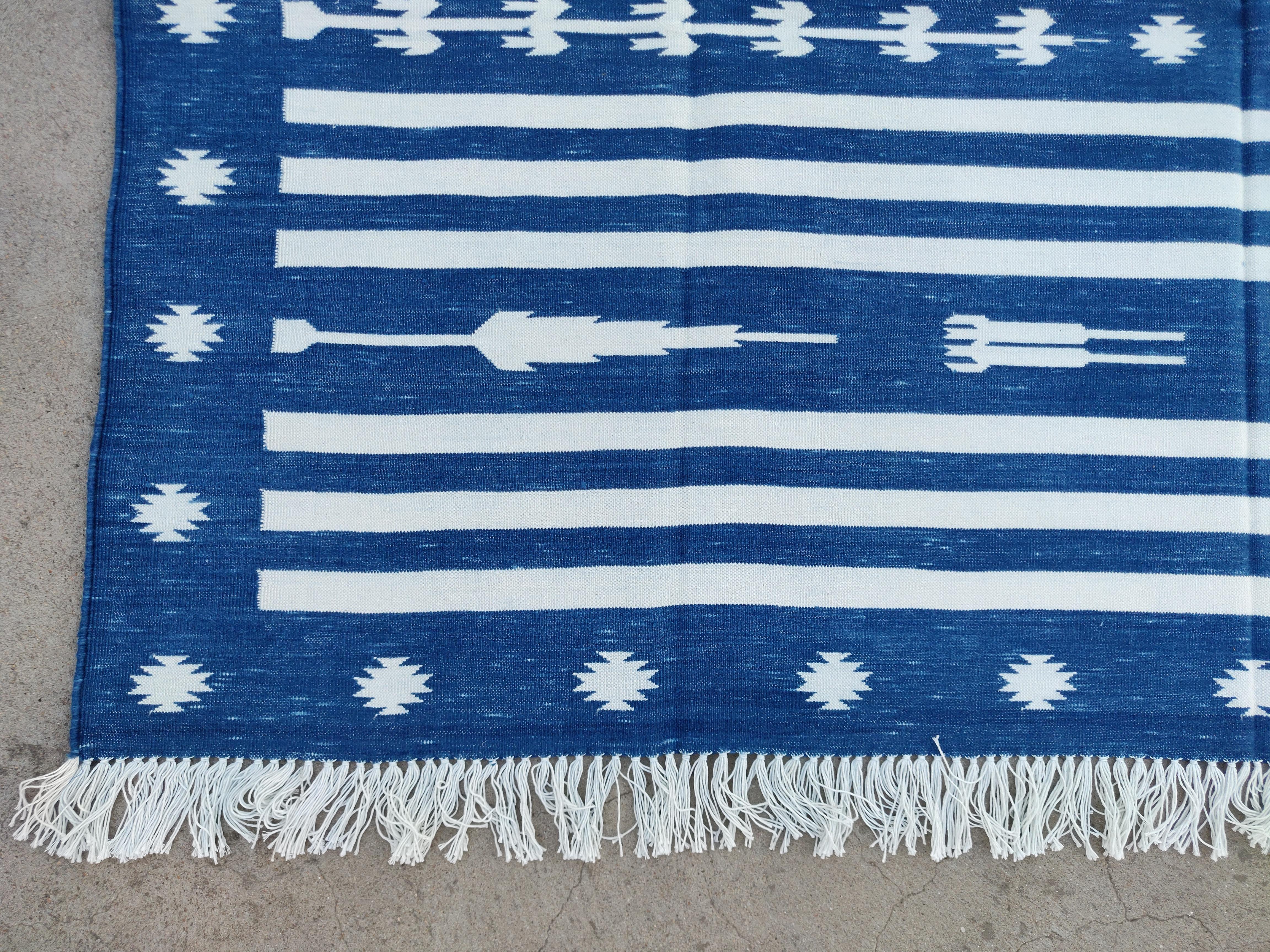 Handmade Cotton Area Flat Weave Rug, 6x9 Blue And White Striped Indian Dhurrie For Sale 2