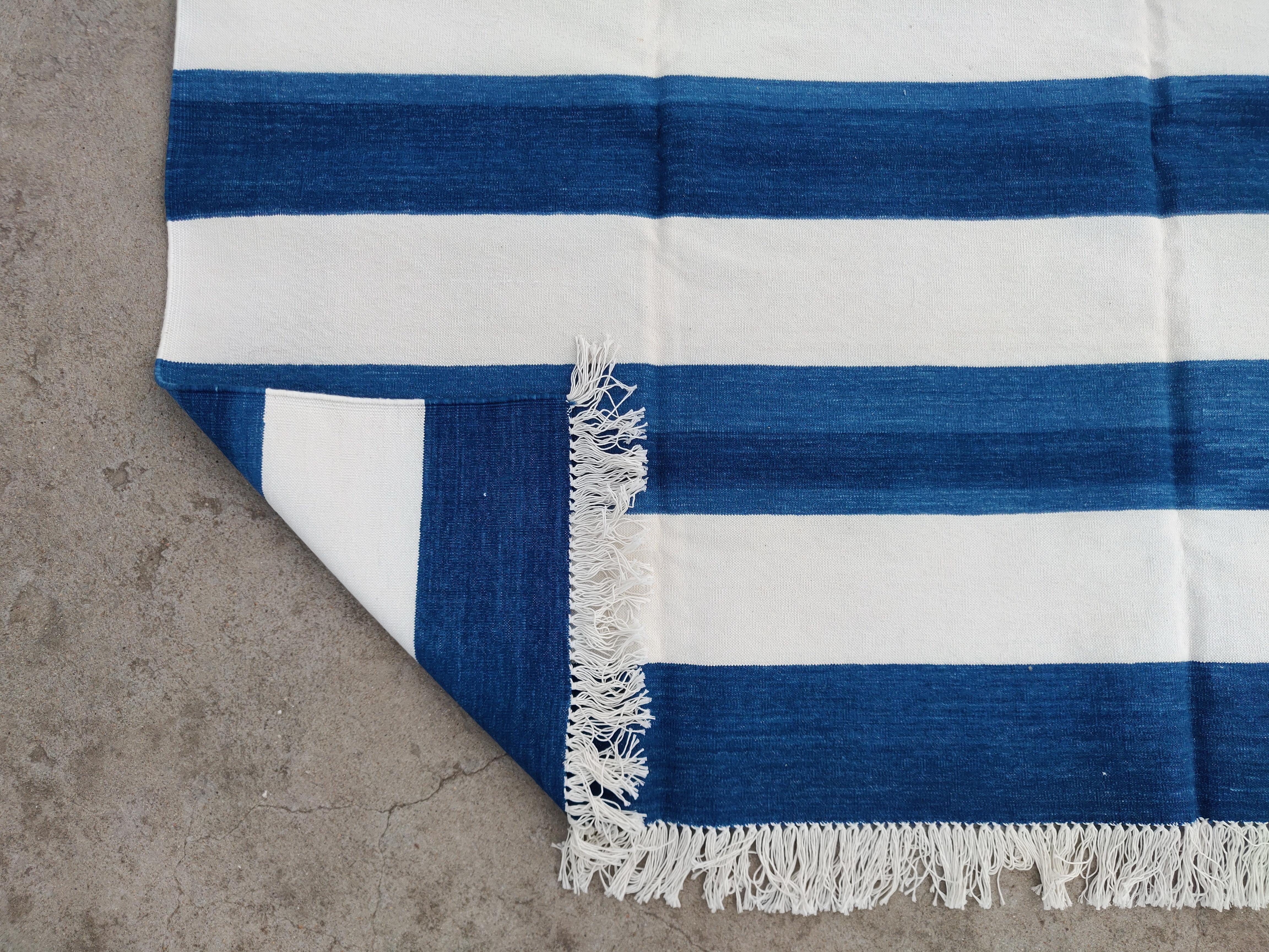 Handmade Cotton Area Flat Weave Rug, 6x9 Blue And White Striped Indian Dhurrie For Sale 2