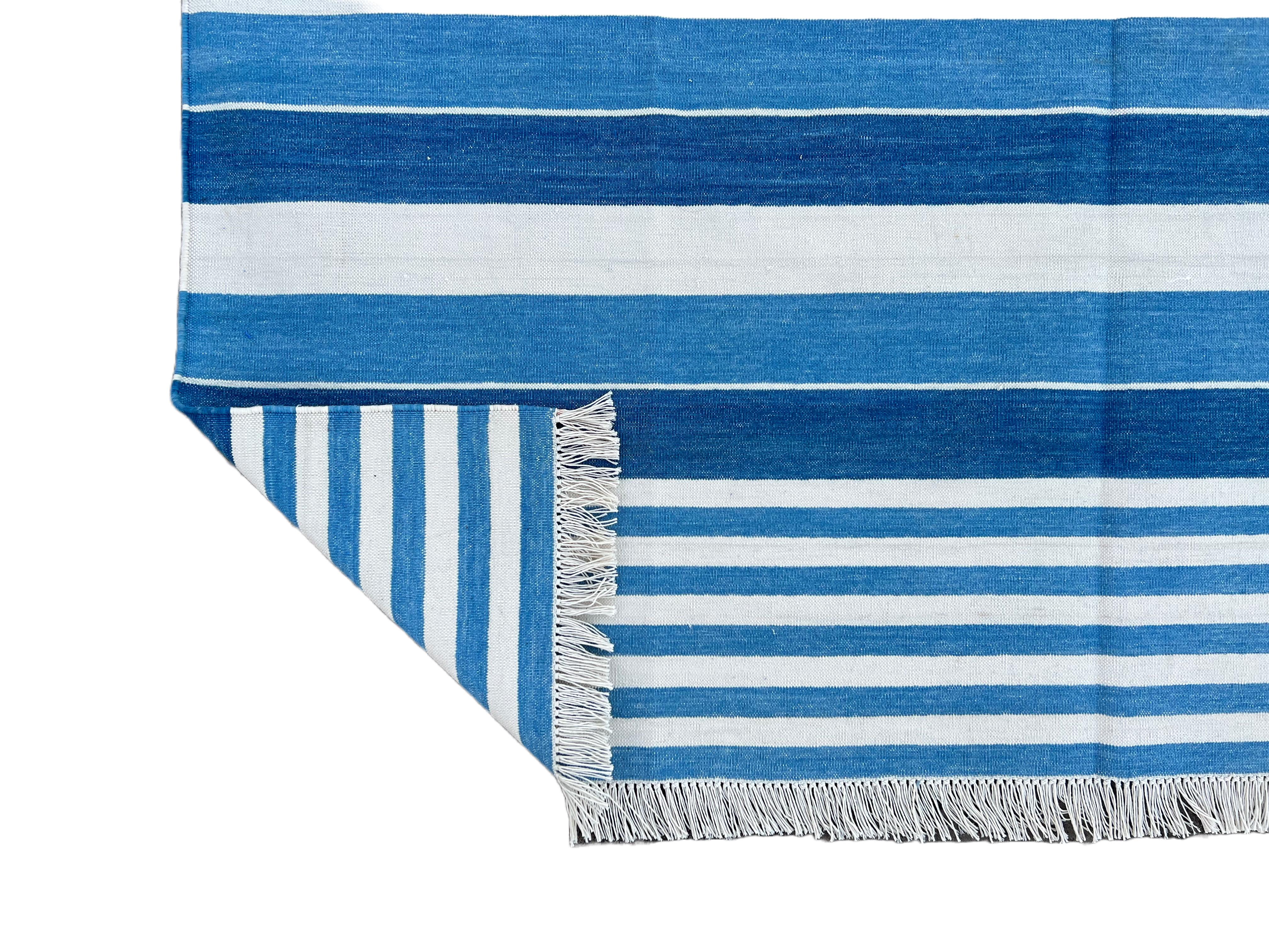 Handmade Cotton Area Flat Weave Rug, 6x9 Blue And White Striped Indian Dhurrie For Sale 2