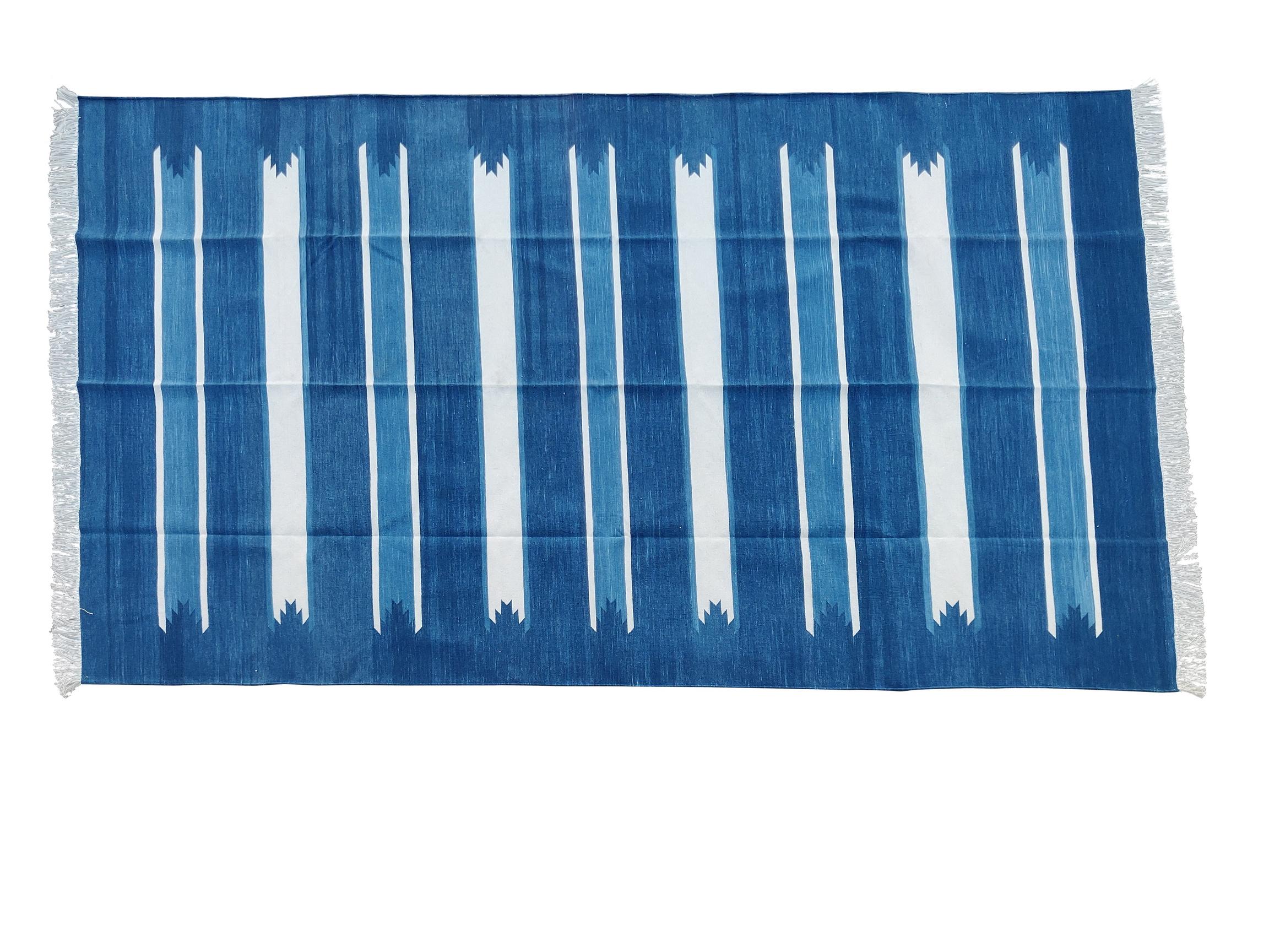 Handmade Cotton Area Flat Weave Rug, 6x9 Blue And White Striped Indian Dhurrie For Sale 3