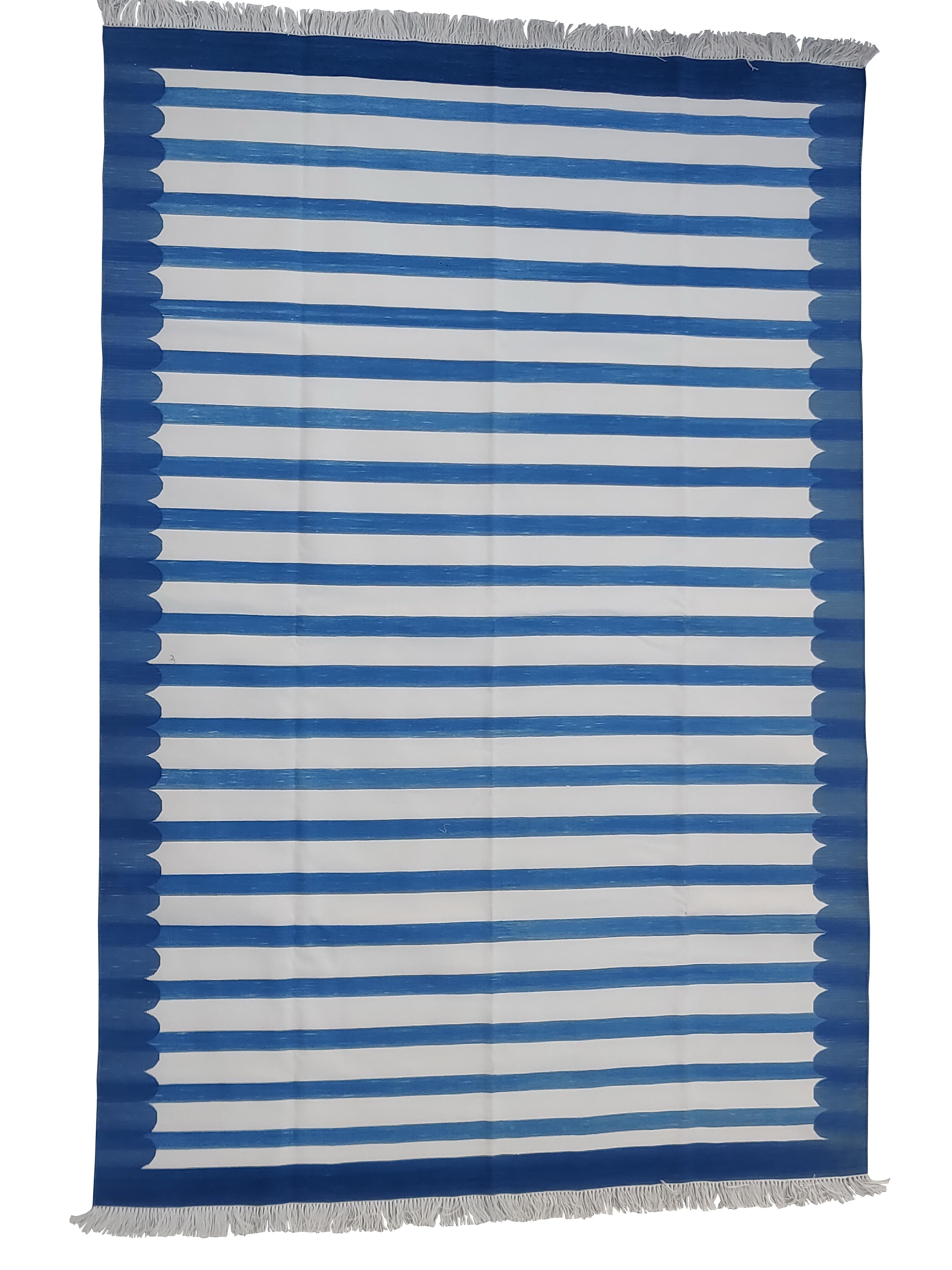 Handmade Cotton Area Flat Weave Rug, 6x9 Blue And White Striped Indian Dhurrie For Sale 3