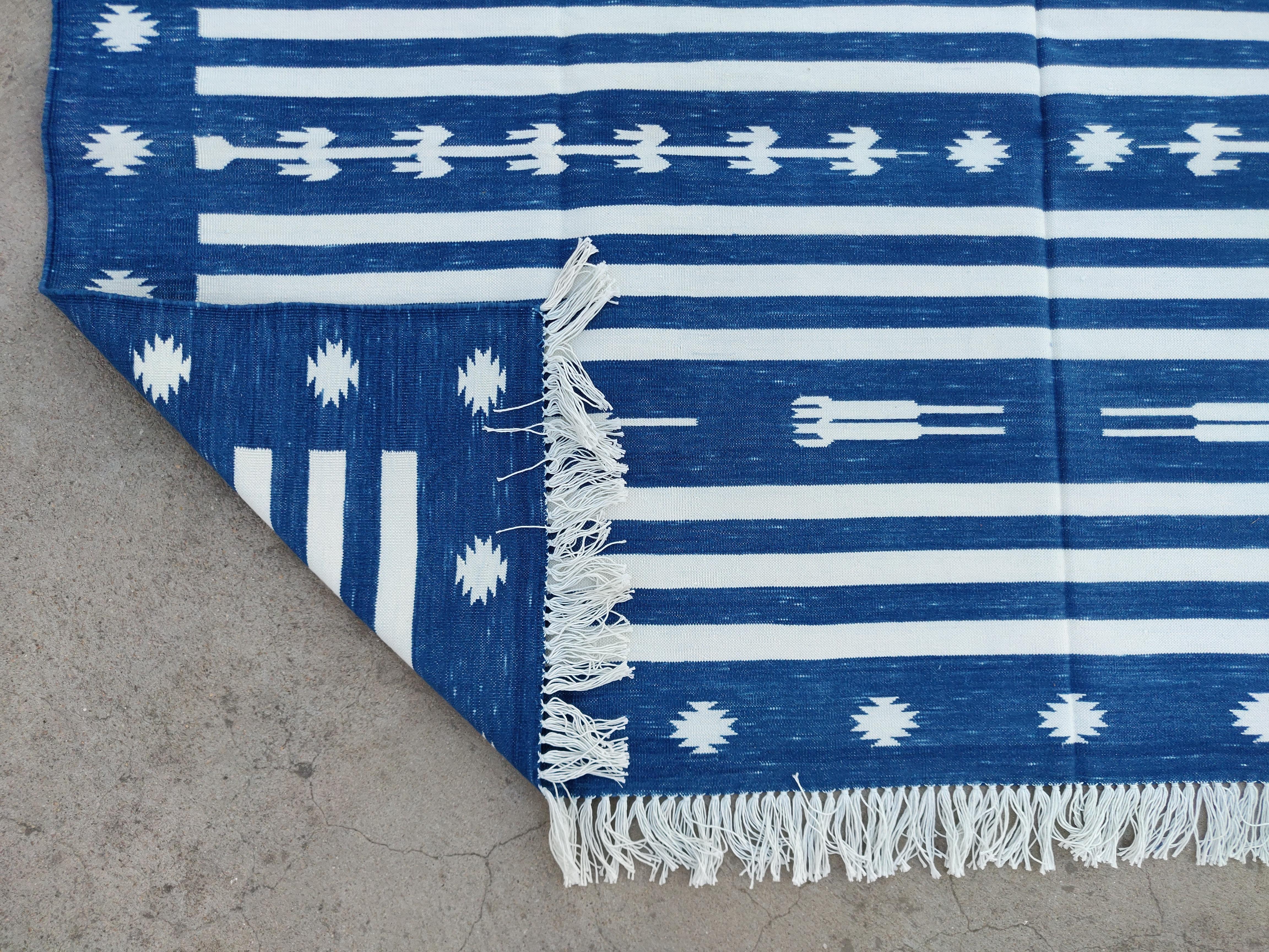 Handmade Cotton Area Flat Weave Rug, 6x9 Blue And White Striped Indian Dhurrie For Sale 3
