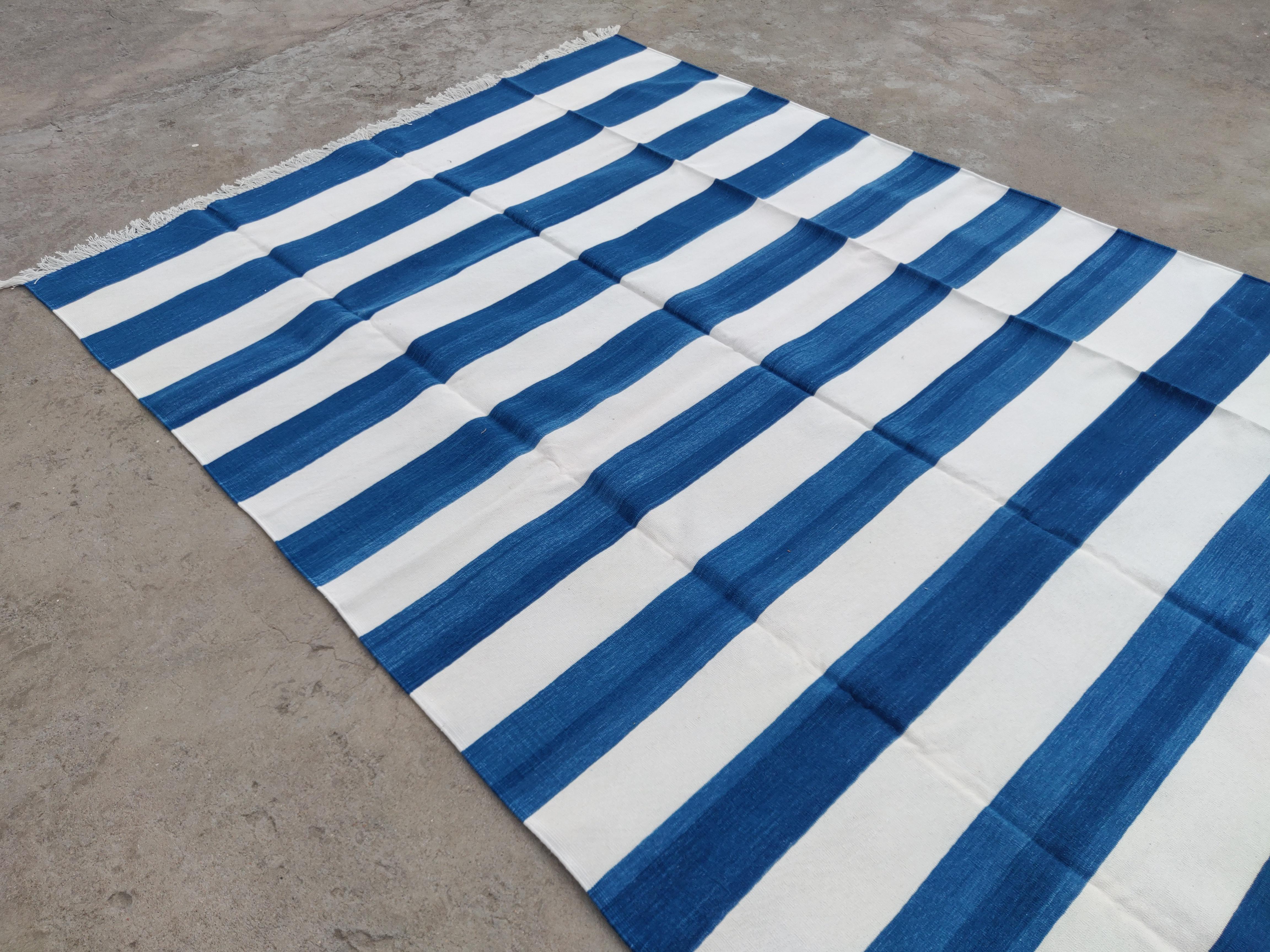 Handmade Cotton Area Flat Weave Rug, 6x9 Blue And White Striped Indian Dhurrie For Sale 3