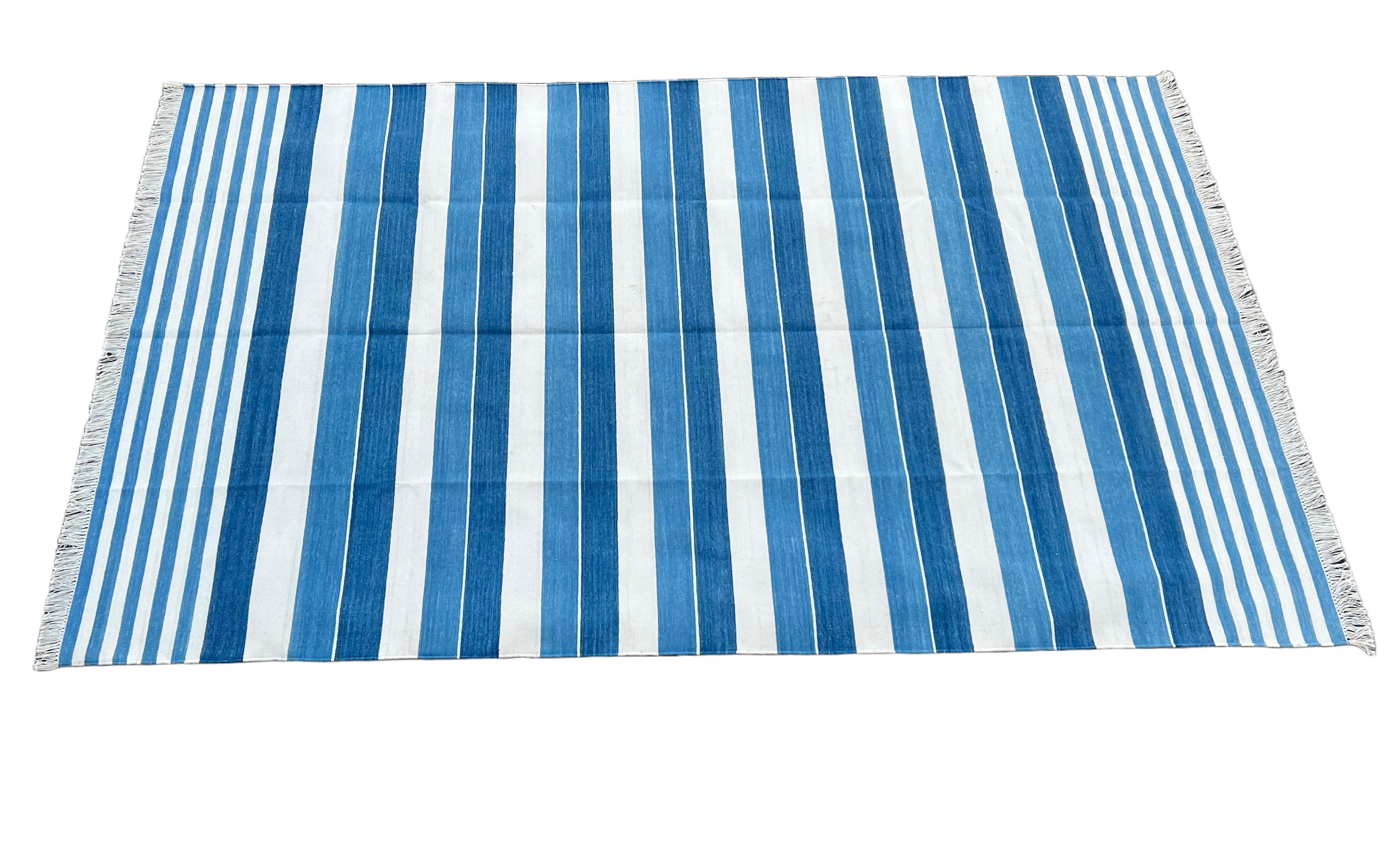 Handmade Cotton Area Flat Weave Rug, 6x9 Blue And White Striped Indian Dhurrie For Sale 3