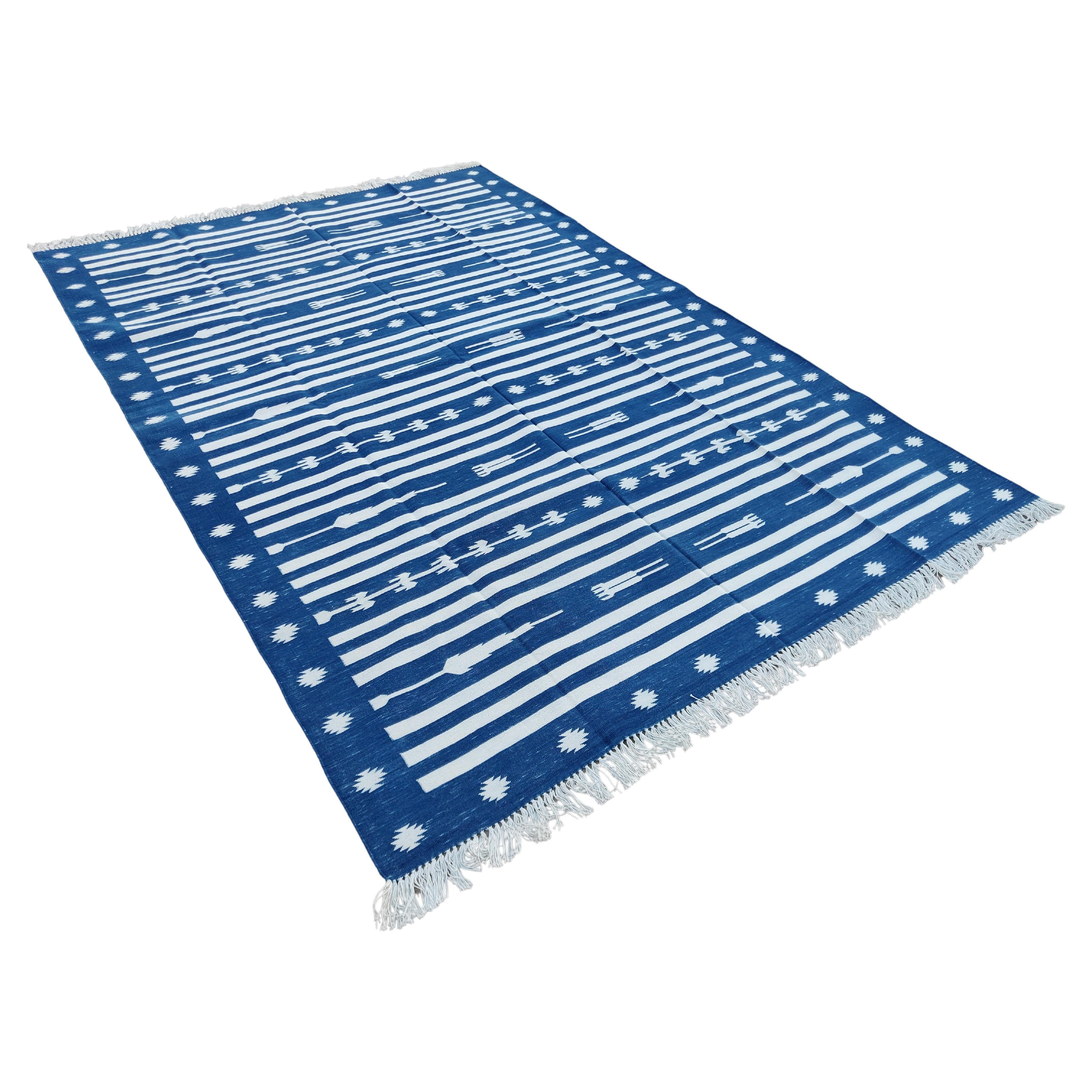 Handmade Cotton Area Flat Weave Rug, 6x9 Blue And White Striped Indian Dhurrie For Sale