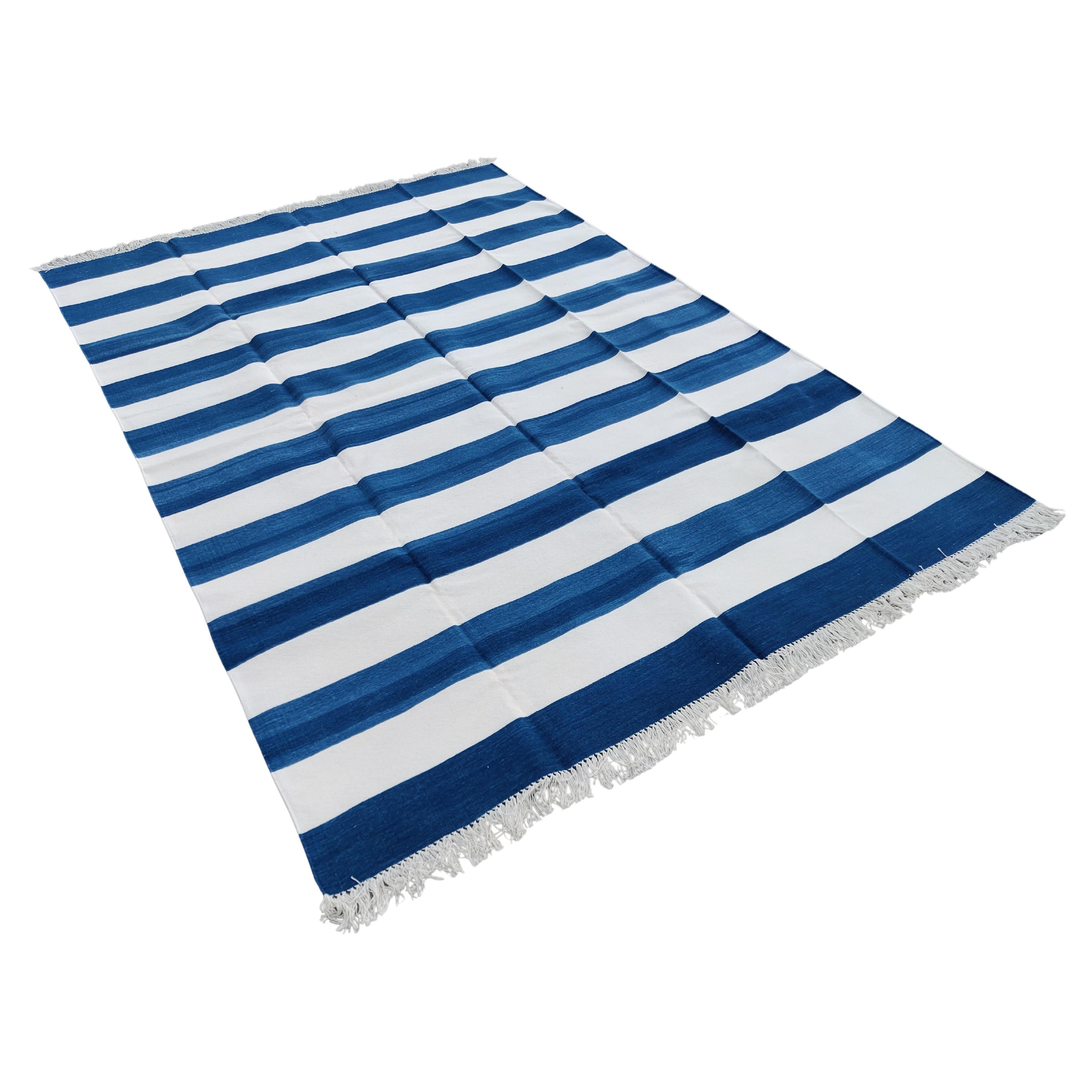 Handmade Cotton Area Flat Weave Rug, 6x9 Blue And White Striped Indian Dhurrie For Sale