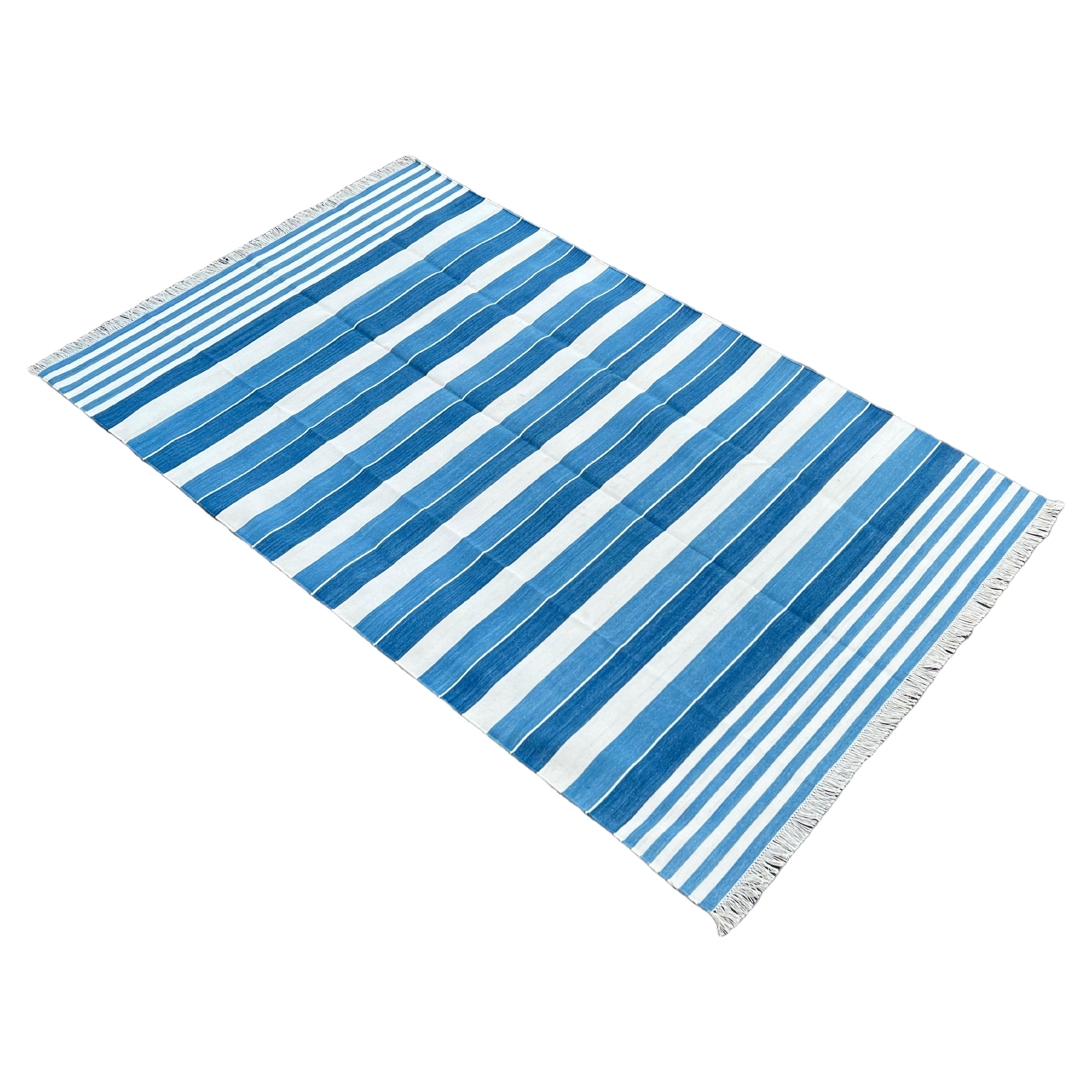 Handmade Cotton Area Flat Weave Rug, 6x9 Blue And White Striped Indian Dhurrie