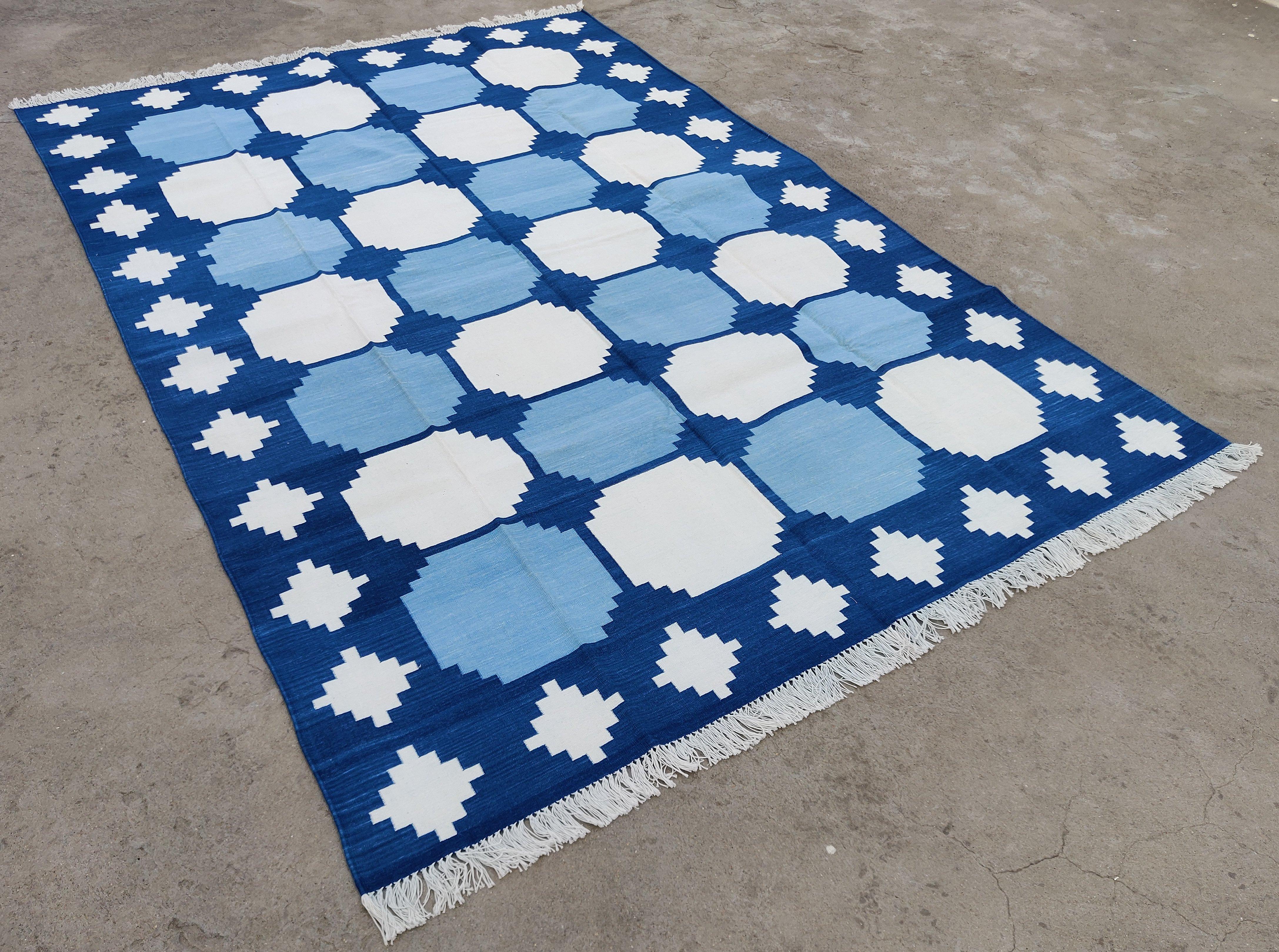 Cotton Natural Vegetable Dyed Indigo Blue, Sky Blue And Cream Tile Patterned Swedish Rug-6'x9'
These special flat-weave dhurries are hand-woven with 15 ply 100% cotton yarn. Due to the special manufacturing techniques used to create our rugs, the