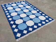 Handmade Cotton Area Flat Weave Rug, 6x9 Blue And White Tile Indian Dhurrie Rug