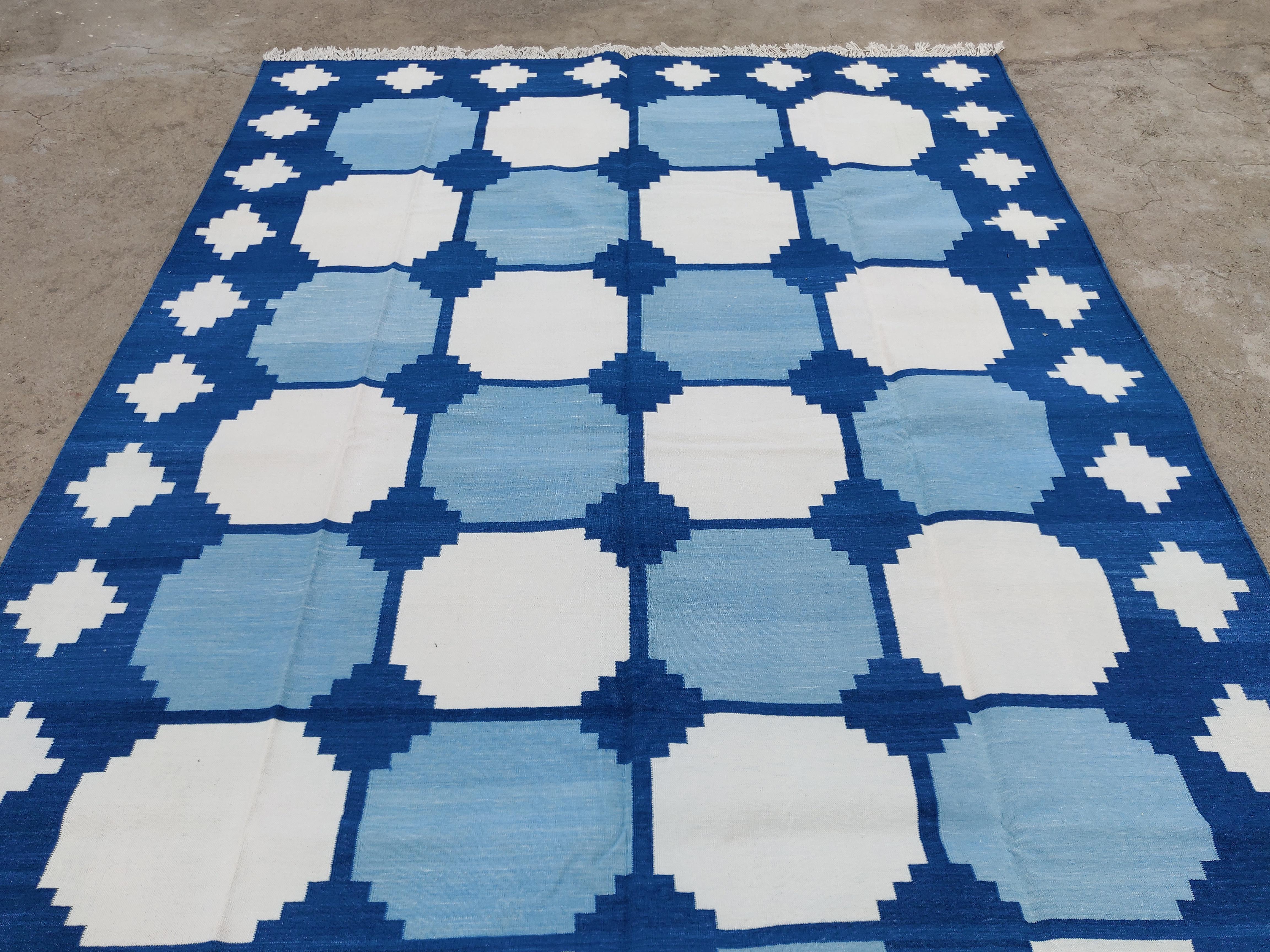 Contemporary Handmade Cotton Area Flat Weave Rug, 6x9 Blue And White Tile Indian Dhurrie Rug For Sale