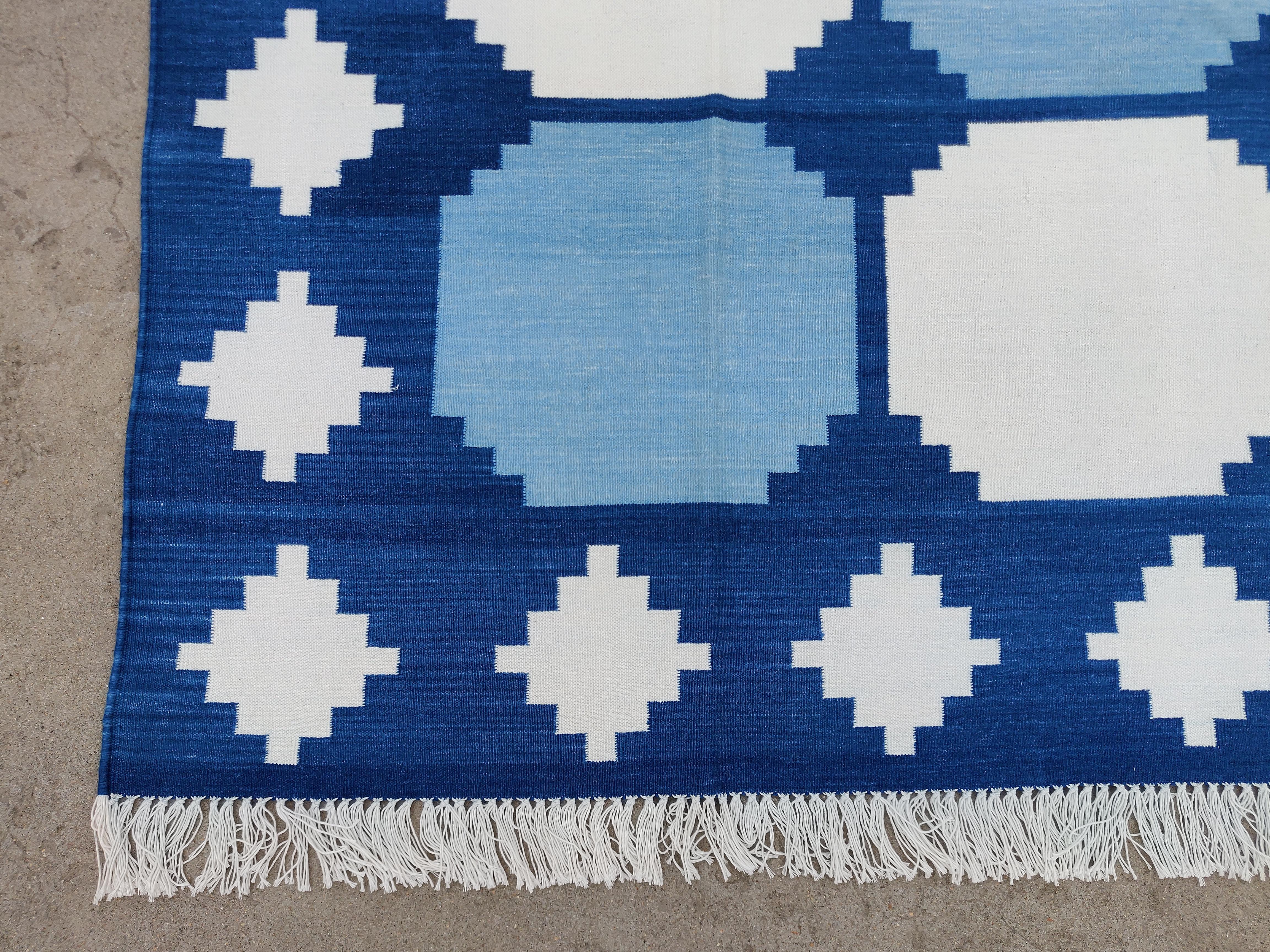 Handmade Cotton Area Flat Weave Rug, 6x9 Blue And White Tile Indian Dhurrie Rug For Sale 1