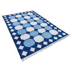 Handmade Cotton Area Flat Weave Rug, 6x9 Blue And White Tile Indian Dhurrie Rug