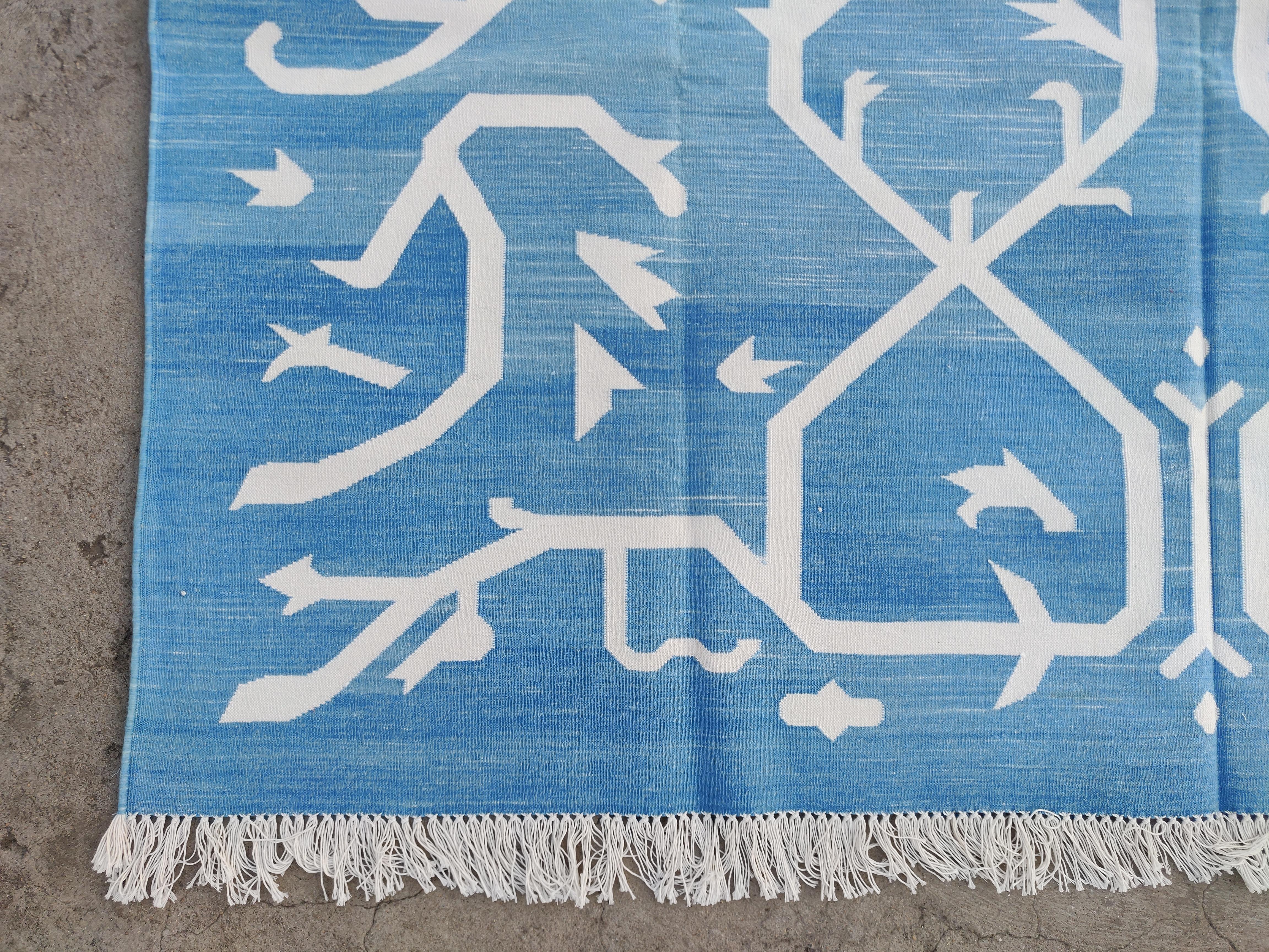 Handmade Cotton Area Flat Weave Rug, 6x9 Blue And White Tree Indian Dhurrie Rug For Sale 1