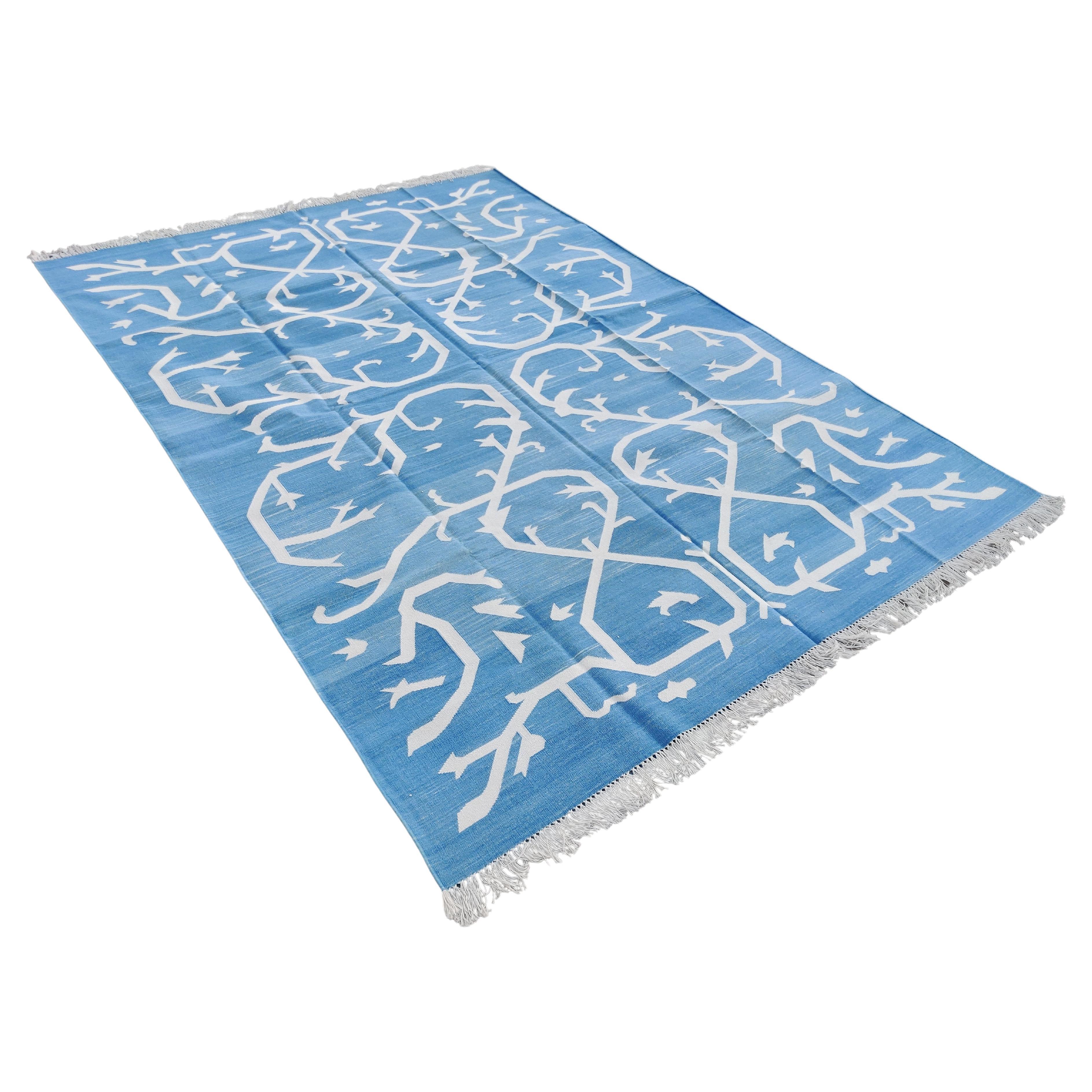 Handmade Cotton Area Flat Weave Rug, 6x9 Blue And White Tree Indian Dhurrie Rug For Sale
