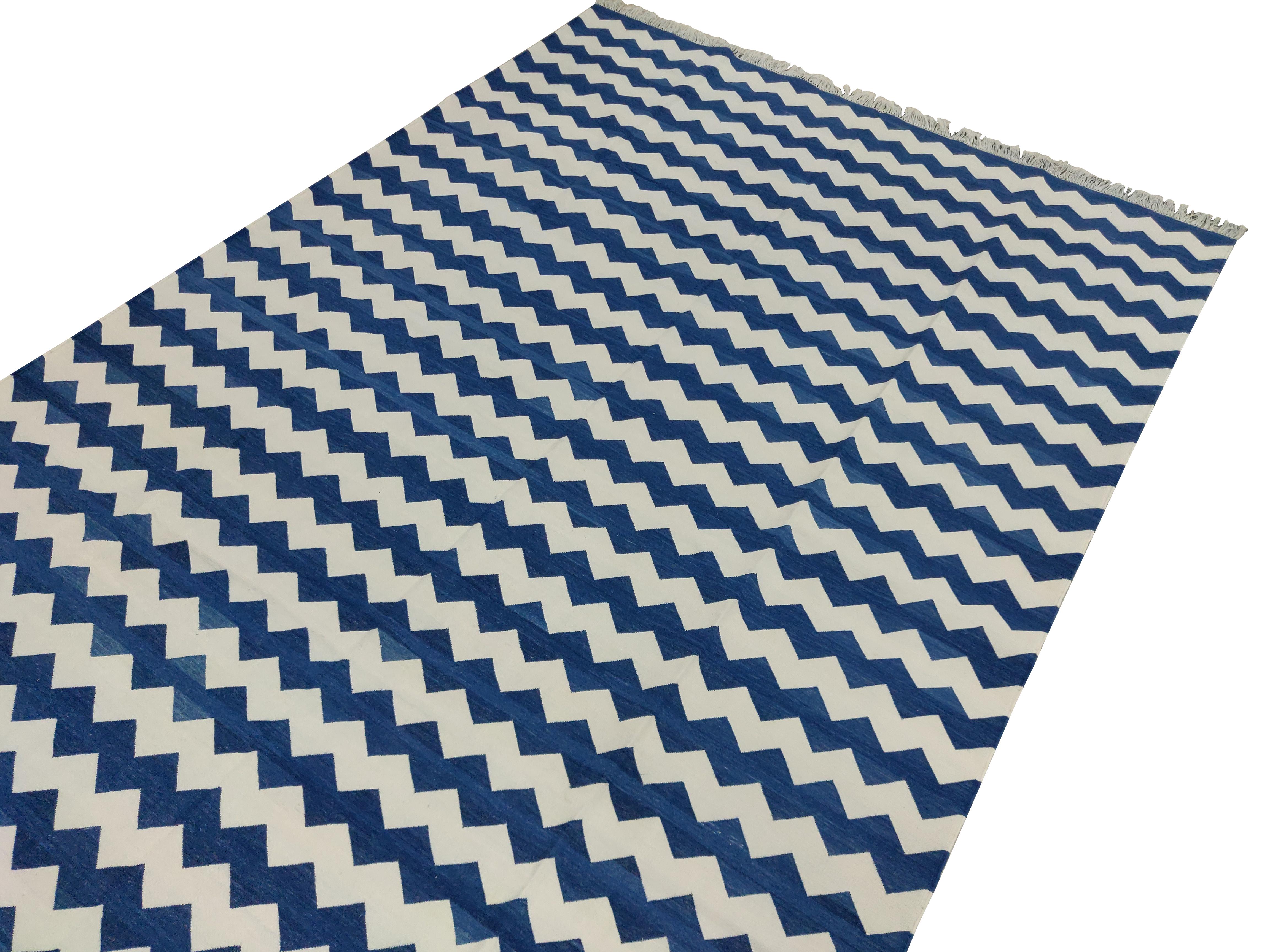Indian Handmade Cotton Area Flat Weave Rug, 6x9 Blue And White Zig Zag Striped Dhurrie For Sale