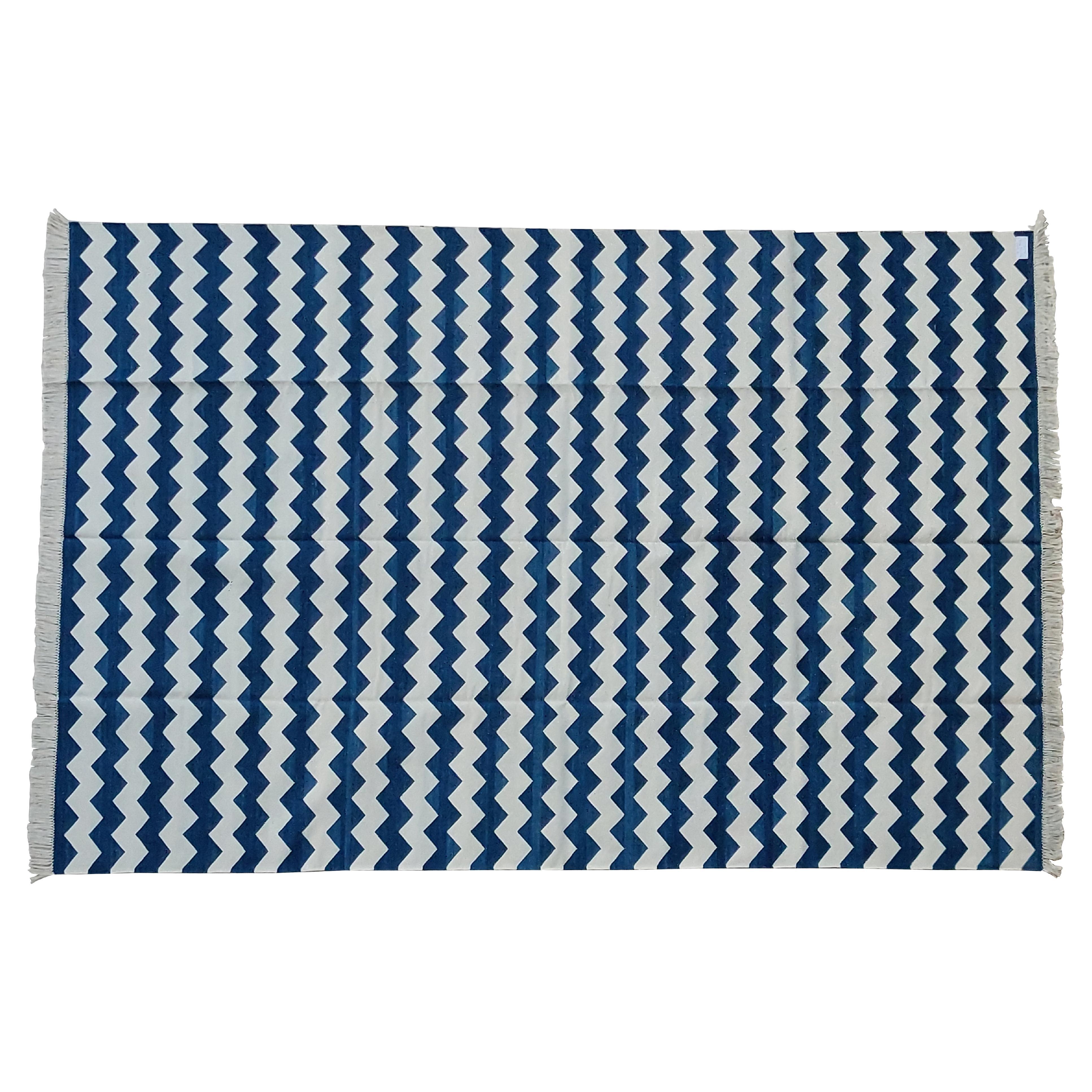 Handmade Cotton Area Flat Weave Rug, 6x9 Blue And White Zig Zag Striped Dhurrie