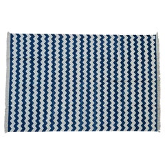 Tapis en coton tissé à plat, 6x9 Bleu et blanc Zig Zag Striped Dhurrie