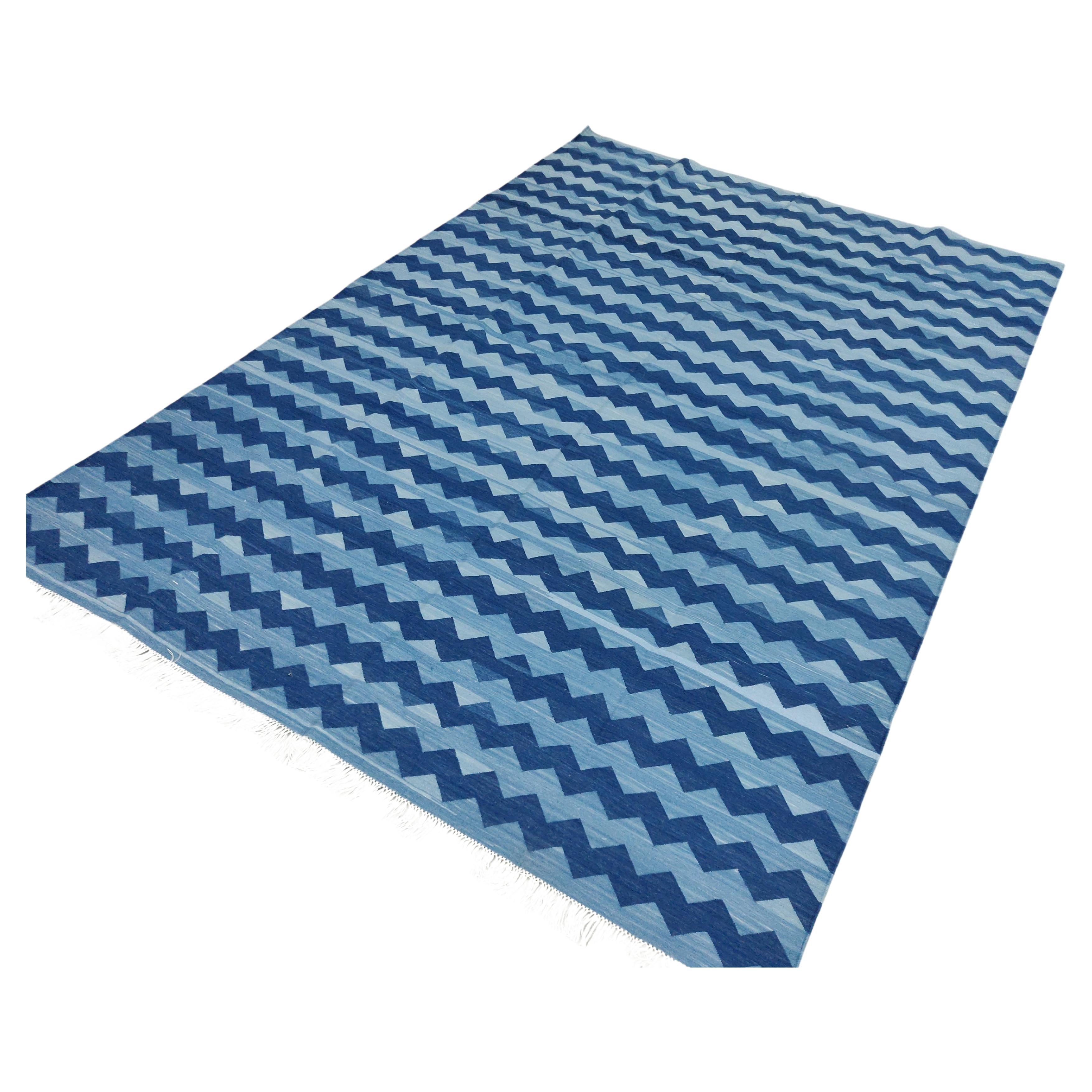 Handmade Cotton Area Flat Weave Rug, 6x9 Blue Zig Zag Striped Indian Dhurrie Rug For Sale